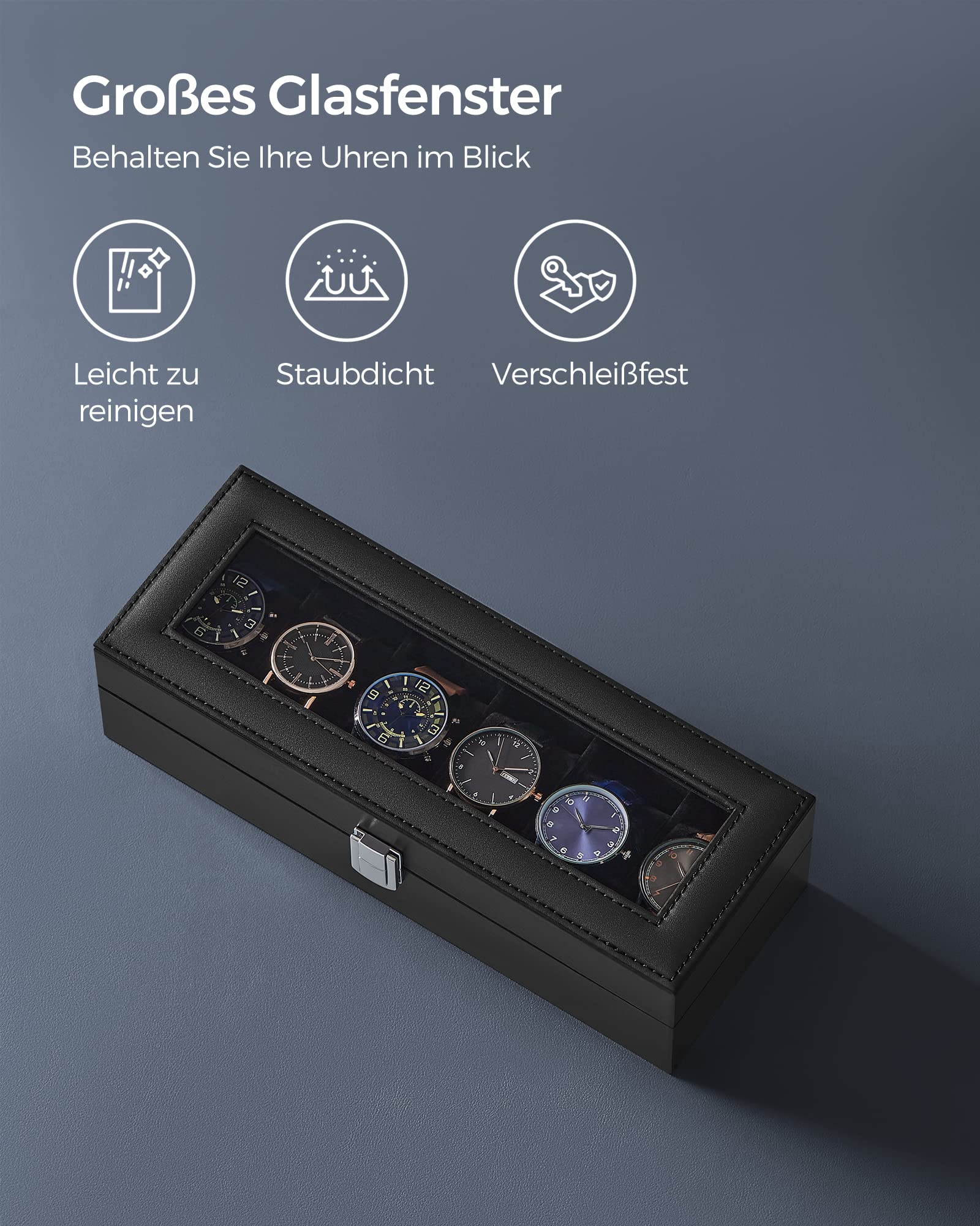 SONGMICS Uhrenbox mit 6 Fächern, Uhrenbox, Schatulle, Glasdeckel, abnehmbare Polster, Schloss aus Metall, schwarz beschichtet und Futter in Schwarz JWB06B01