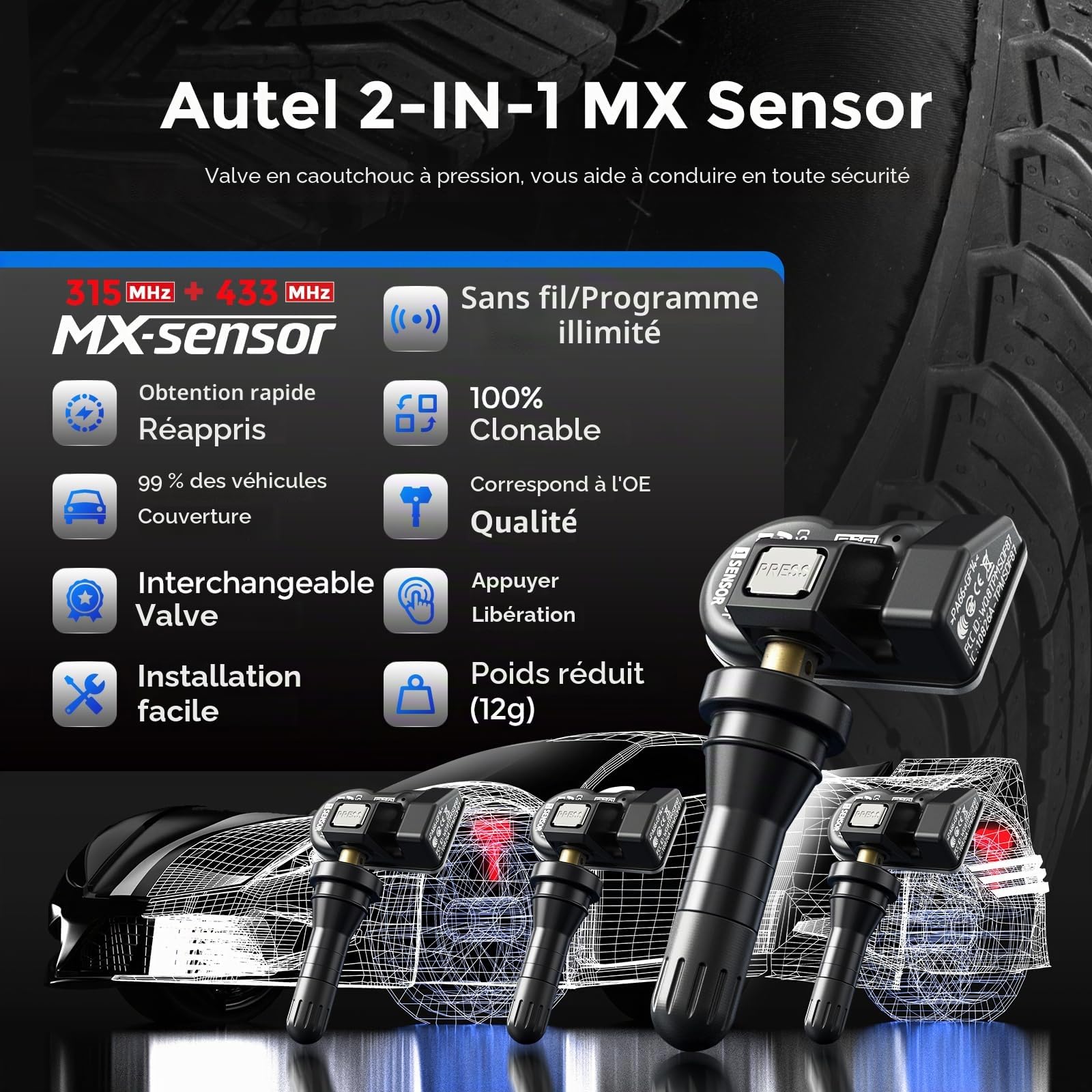 Autel TPMS Sensor MX-Sensor, Double Fréquence Capteurs TPMS pour 98% Voitures, Fonctionne avec TS408S TS501 Pro TS508WF TS601, Niveau OE Programmable & Clonable TPMS Sensor (Valve en Caoutchouc, 4PCS)