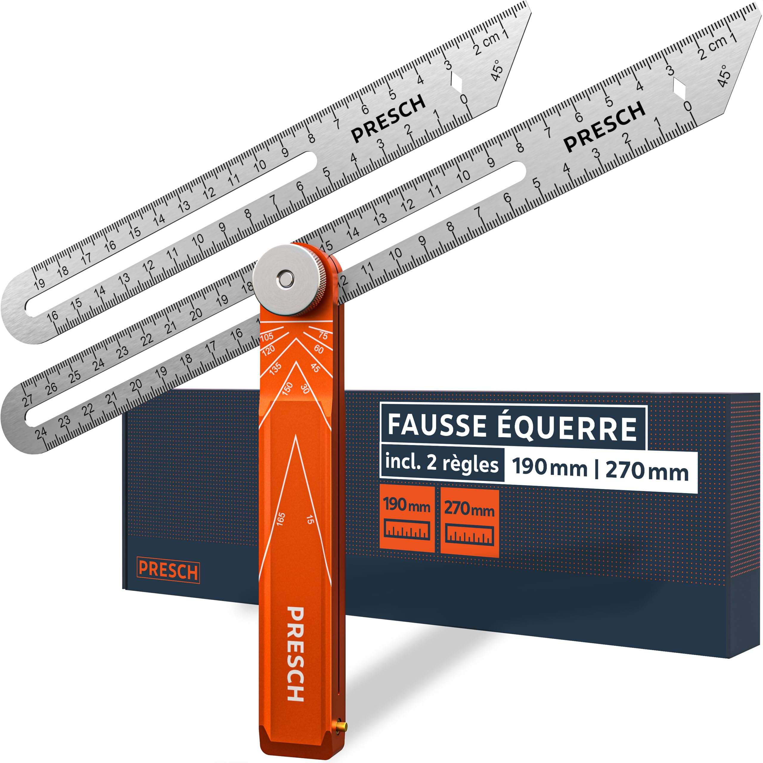 Presch Fausse Équerre incl. règle supplémentaire - 190mm & 270mm - Transfert d'angle précis - Règle avec fonction de trusquin fraisée en aluminium usiné avec précision & en acier inoxydable