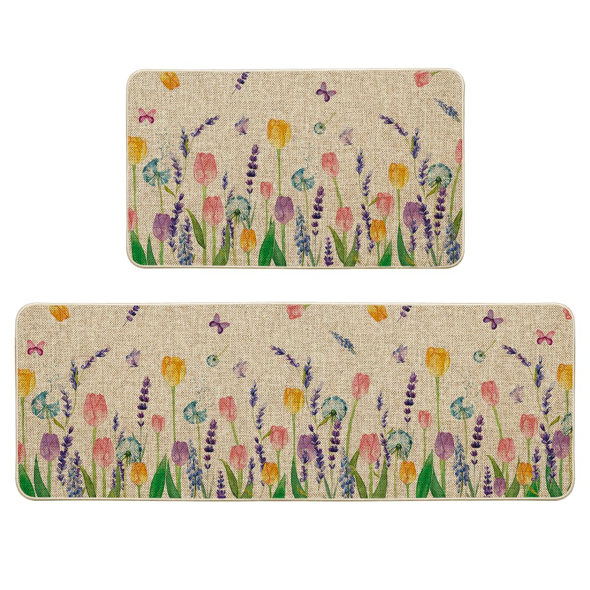 Artoid Mode Lavender Tulip Spring Kitchen Mats Set of 2, Seasonal Flower Summer Home Decor Low-Profile Kitchen Rugs for Floor - 17x29 and 17x47 Inch