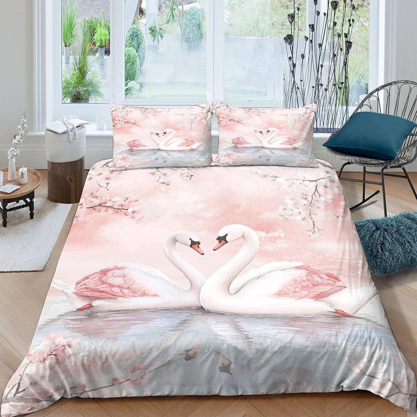 Ctjqhvkz Style-7 3D Printed Elegant Swan Fitted Sheet Microfiber Soft Pink Lake Bed Cover For Bedroom Guest Room Mattress Protection Single（135X200cm）