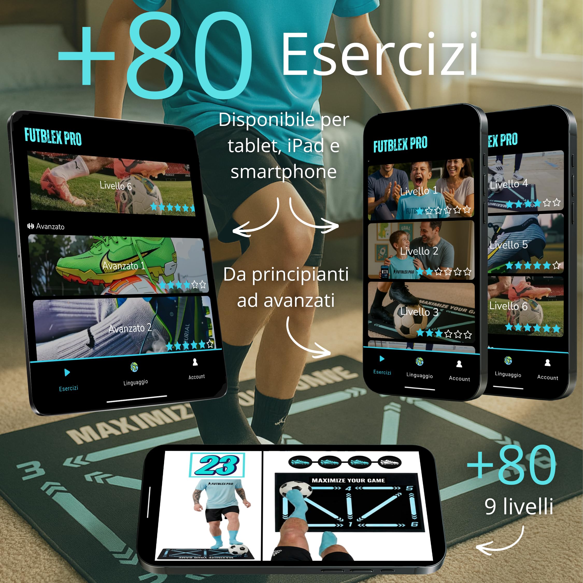 Alfombra per Allenamento Calcio – Include App di Allenamento con Video Interattivi e Routine Progressivi + Calzini Antiscivolo, Borsa di Trasporto e Scatola Premium per Regalo.