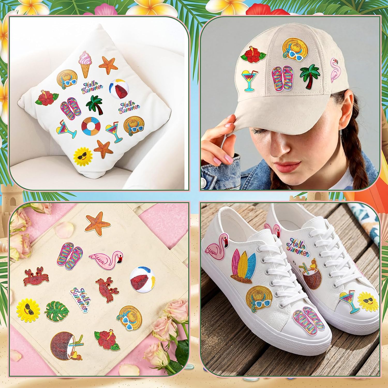 Suncalla 48pcs Summer Beach Sequin Iron on Patches Large Sparkle Tropical Summer Embroidered Patches Heat Press Sequin Applique for Clothes Denim Jeans Beach Bags Hats