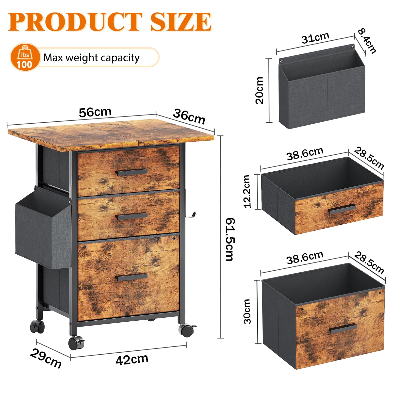 CAIYUN Meuble de classement à roulettes, avec 3 tiroirs et roulettes, pour Documents A4, Format Lettre, Support d'imprimante avec Une Largeur de Table de 56 cm, Design Industriel, Marron Vintage