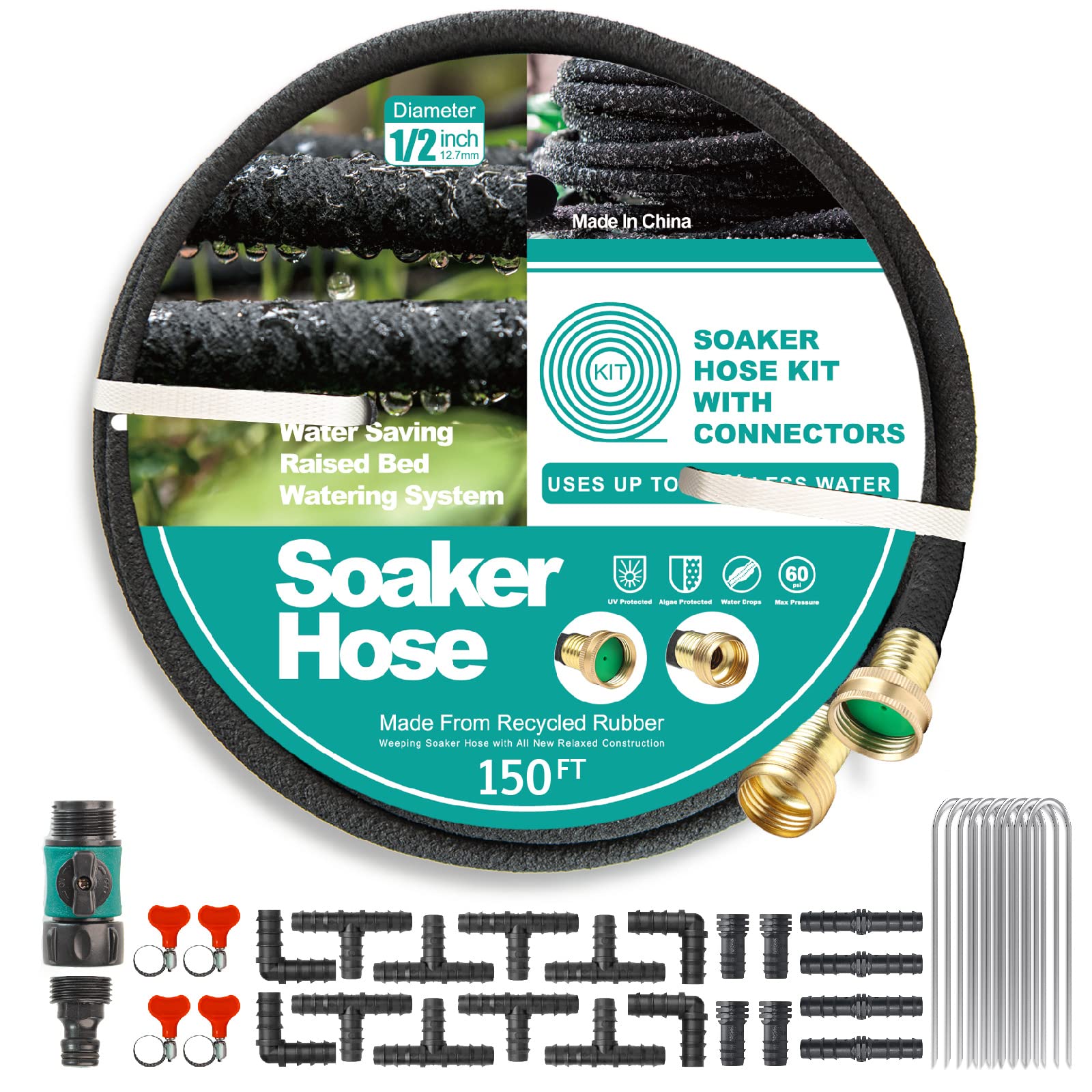 Soaker Hose 150 FT for Garden Beds,3/4" Solid Brass Connector Heavy Duty 1/2" Soaker Garden Hose for Flower,Vegetable Beds, Tree,Lawn and Plant