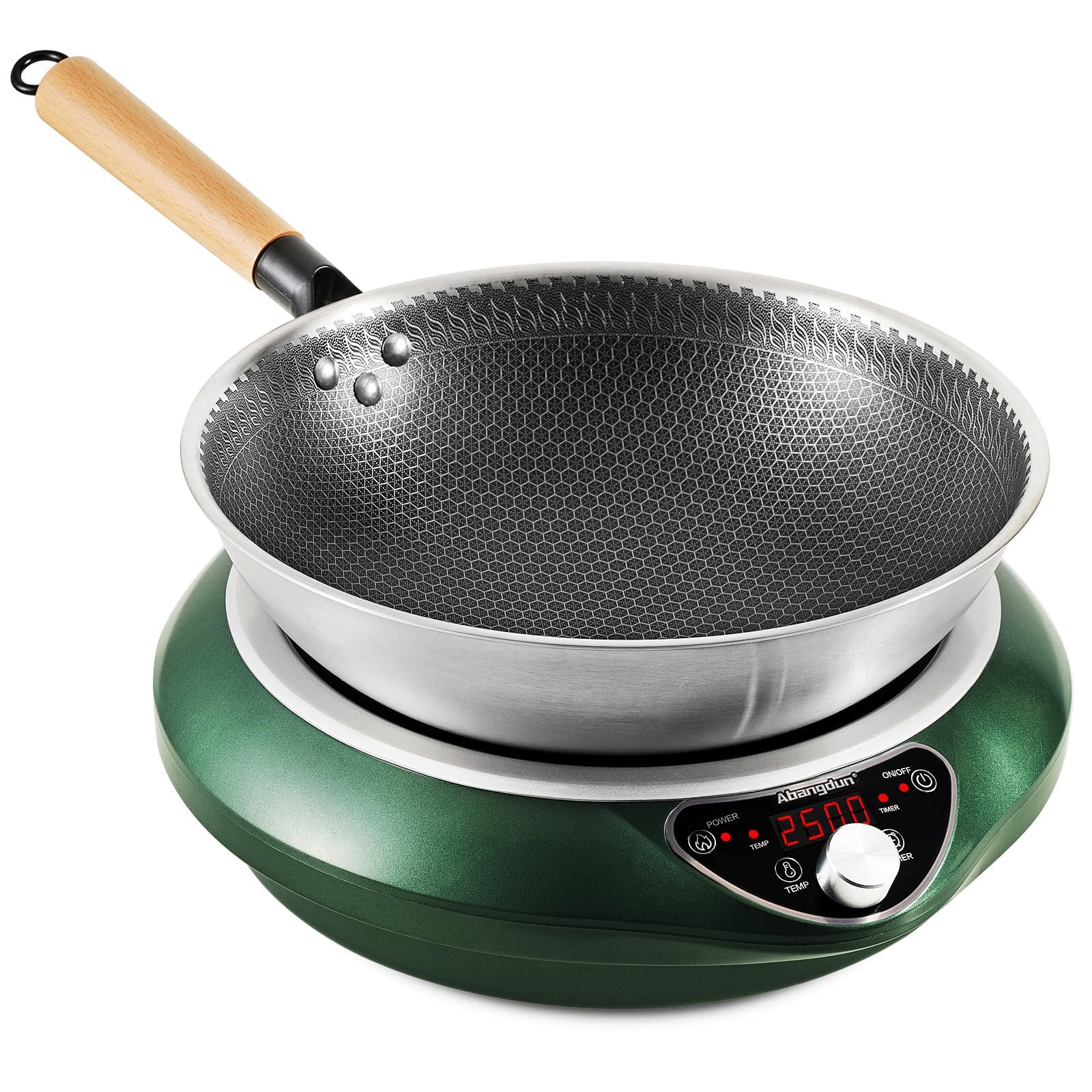 Placa de inducción con Wok, 2500W Placa Inducción Portátil 12 Niveles de Potencia 200W-2500W Rango de Temperatura 60-240°C, Pantalla LED, Temporizador de 18 Horas, 190-275V