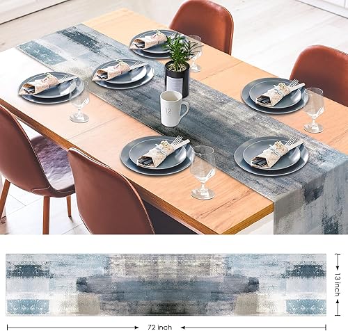 Miniatura 2 de Emvency Camino de mesa de granja, pintura de arte abstracto vintage azul y gris para cocina, mesa de café, cenas familiares, fiestas de vacaciones,