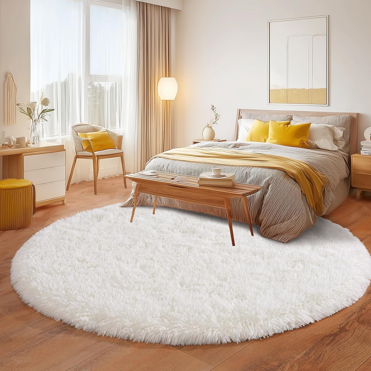 Cream White Round Rug 4ft, Fluffy Circle Rugs for Bedroom, Cute Plush Shag Area Rug Non Slip, Modern Indoor Carpet for Living Room Girls Kids Room Nursery Playroom Dorm Home Decor