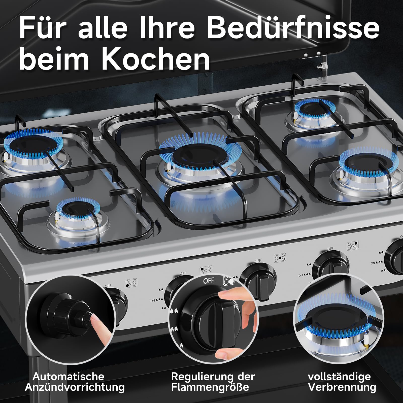 HOMELUX 7,2 KW Gaskocher Campingkocher 5 Flammig mit 1,5M Anschlussschlauch Druckminderer 50 mbar