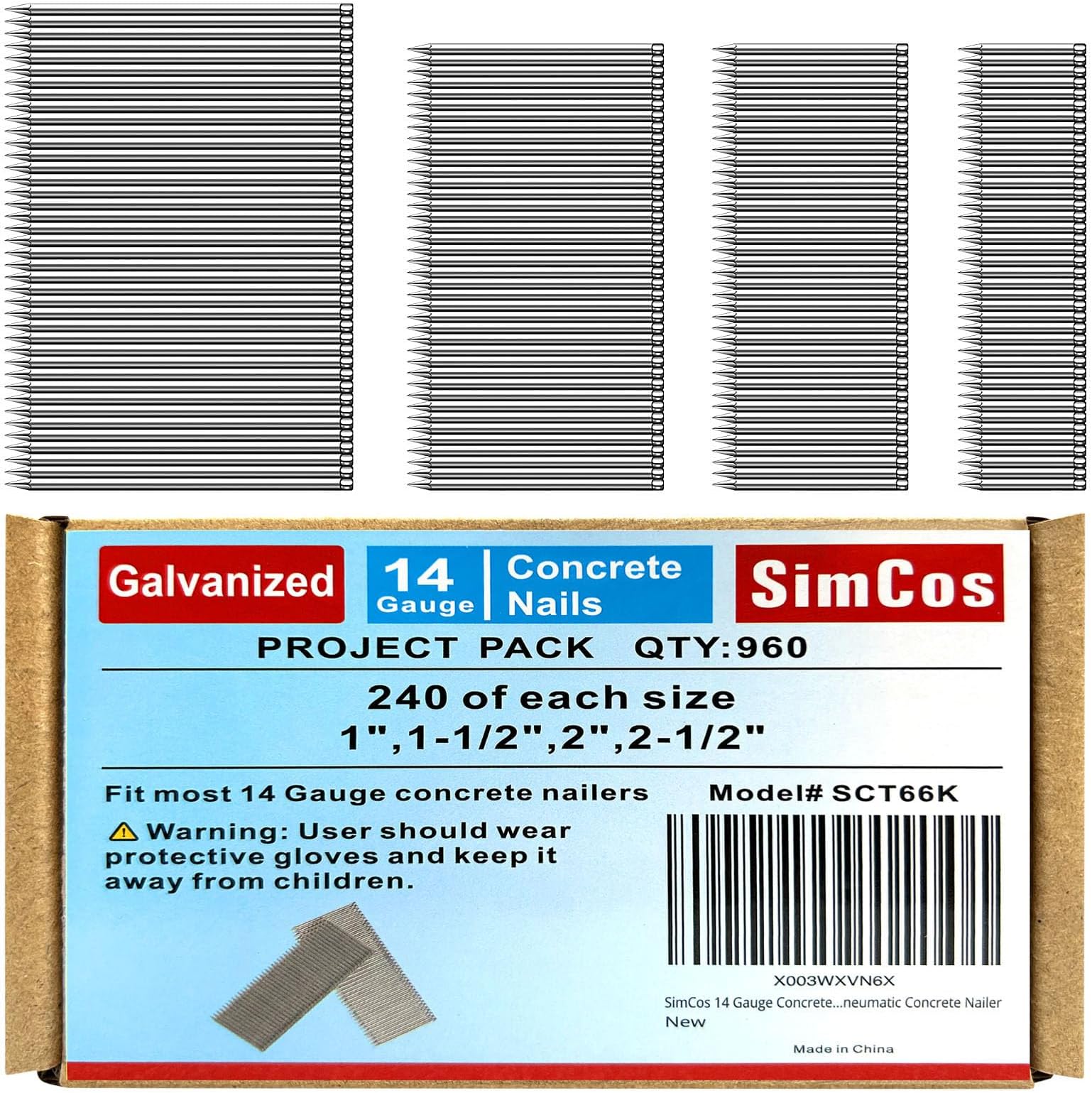14 Gauge Concrete T Nails (1",1-1/2",2",2-1/2 inch) 960 pcs 14 GA Concrete Nail Gun Nails Assorted and Galvanized Concrete Finish Nails for Pneumatic Concrete Nailer