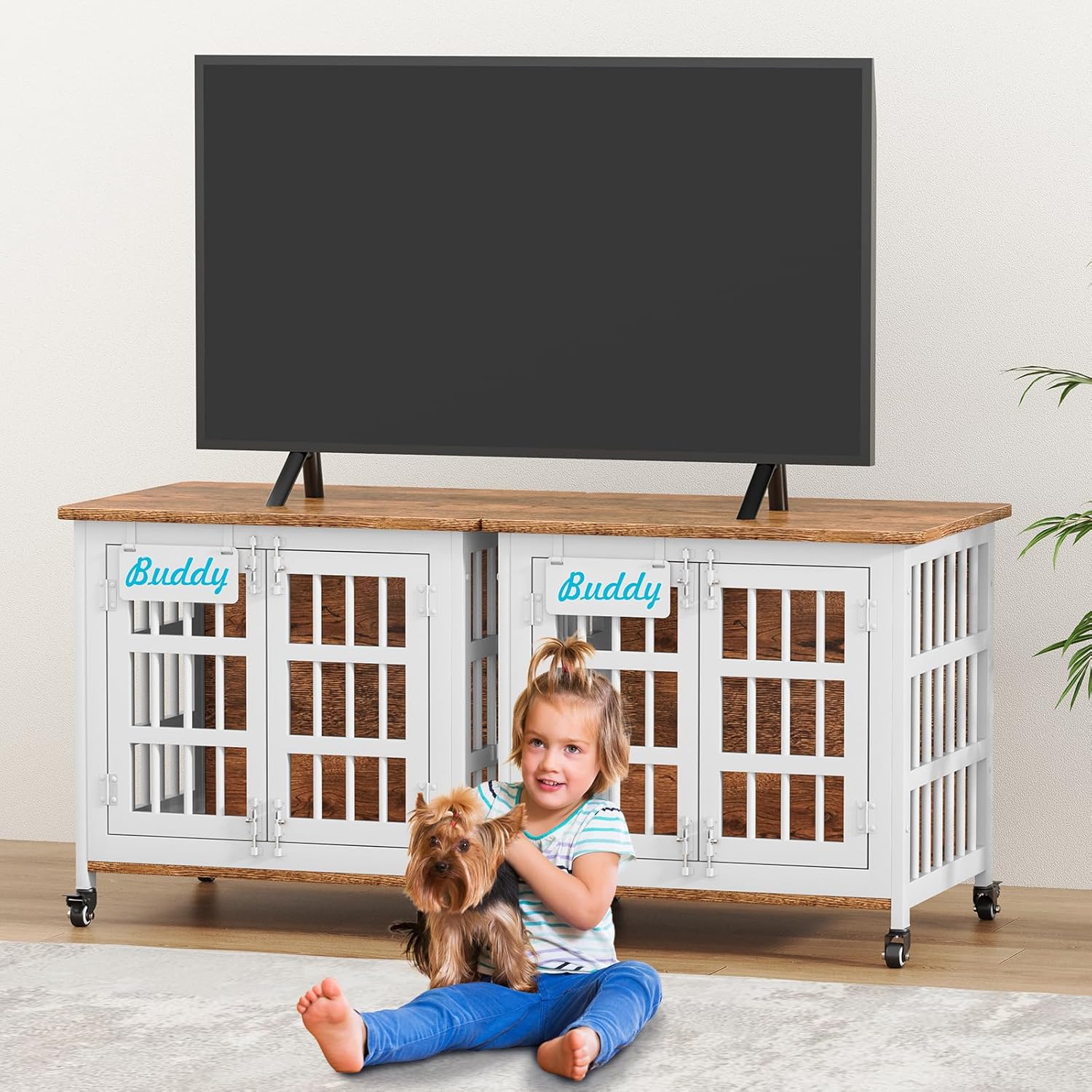 EasyCom 27"/33" Heavy Duty Dog Crate Furniture with Name Tag, Dog Kennel Indoor for Small Dogs, Double-Doors Sturdy Metal Dog Cage for Anxiety Dog, Decorate House as TV Stand, End Table, Bedside Table