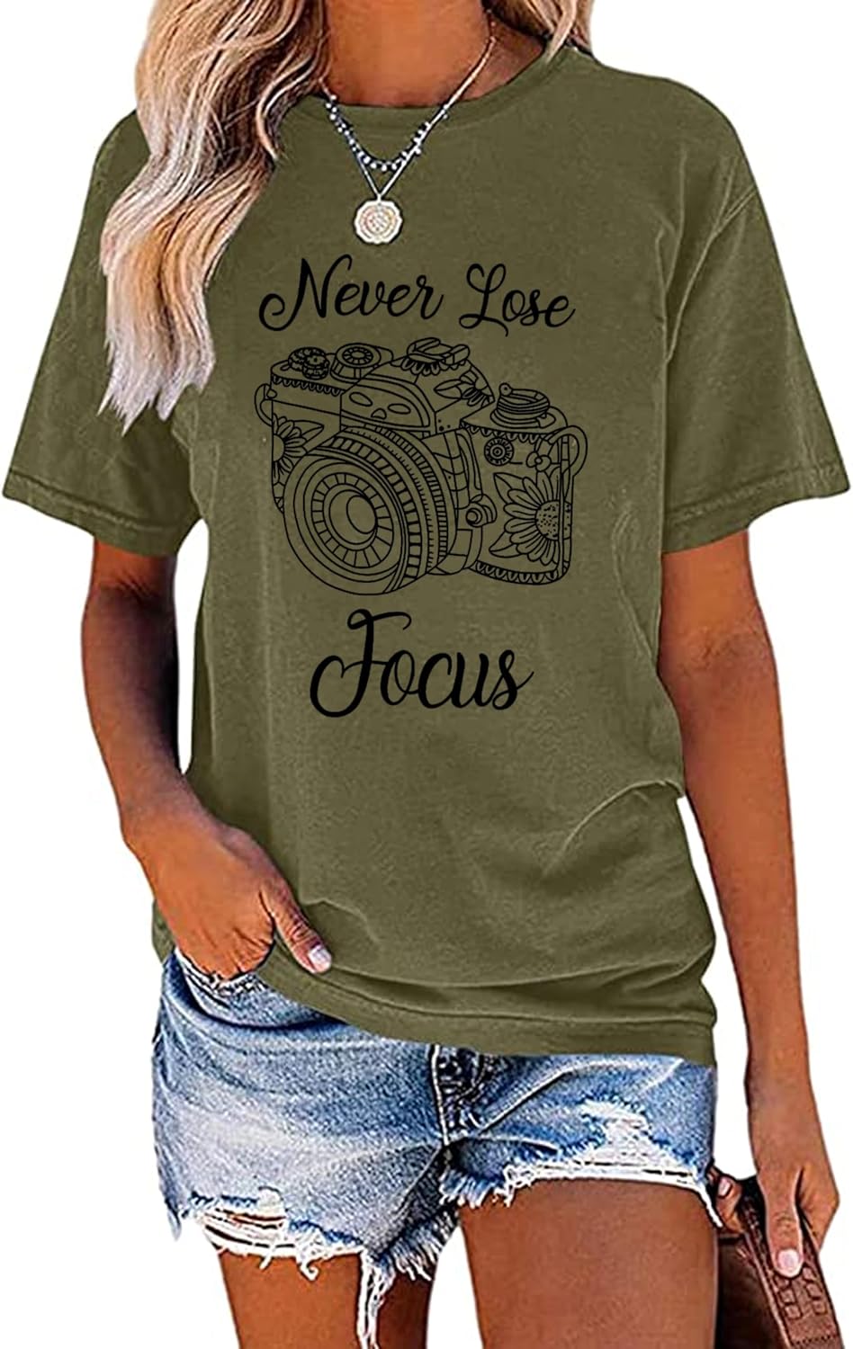 Never Lose Focus Shirt Women Camera Graphic Cute O-Neck Short Sleeve T-Shirt Top - Image 2