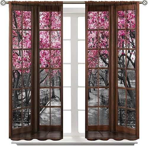 Miniatura 8 de Cortinas opacas de paisaje de bosque de cerezo, tratamiento de ventanas con patrón de cerezo en blanco y negro, rojo, diseño de bosque, cortinas de