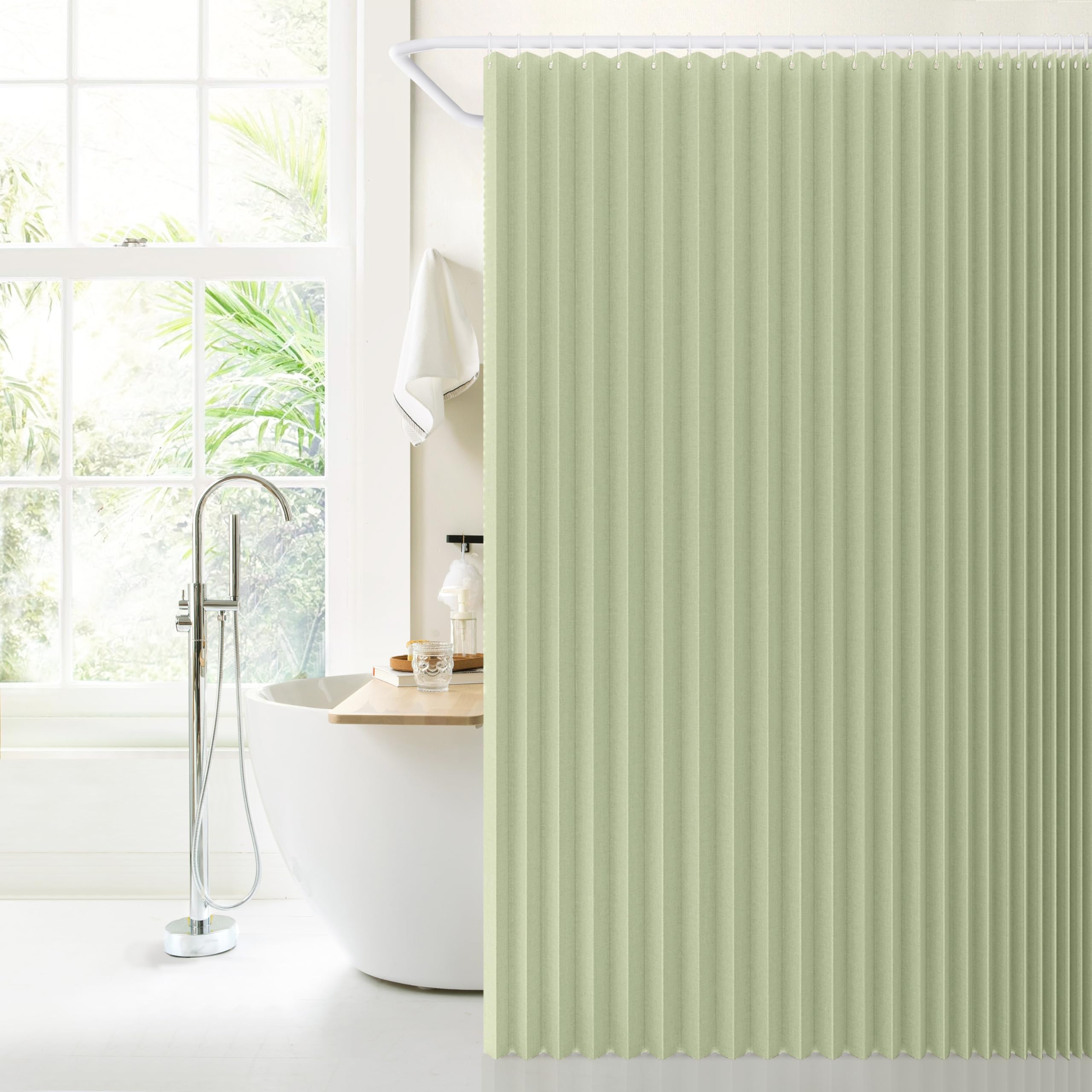 Jubilantex Cortina de ducha plegable de lino para baño, cortina de ducha impermeable, 1 panel con 14 ojales de metal y 1 alzapaños para hotel, 70 x 70 pulgadas