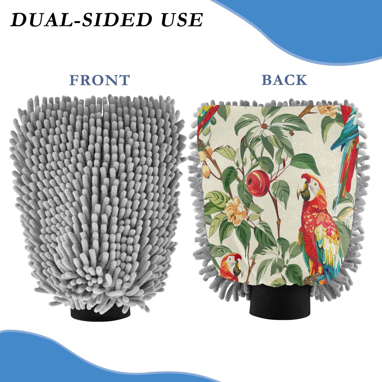 ALAZA Vintage Parrot Flower Car Wash Mitt Scratch Free, 2 Pack Absorbent Microfiber/Chenille Washing & Drying Mitts, M