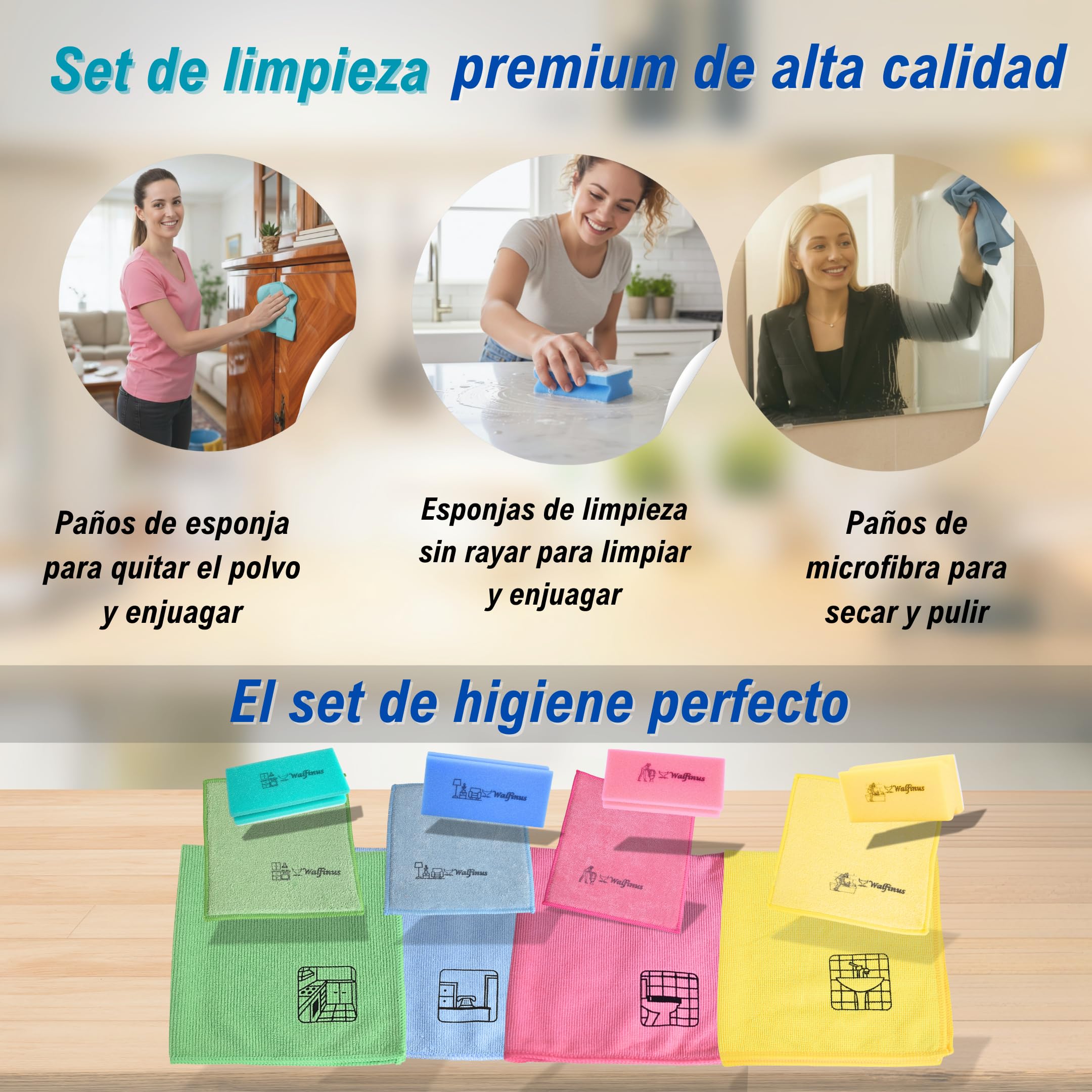 Hygiene XXL - Juego de 12 paños de microfibra para limpieza | Esponjas de limpieza con pictograma, sin rayas, sin arañazos, extraabsorbentes y lavables, sistema de color profesional.