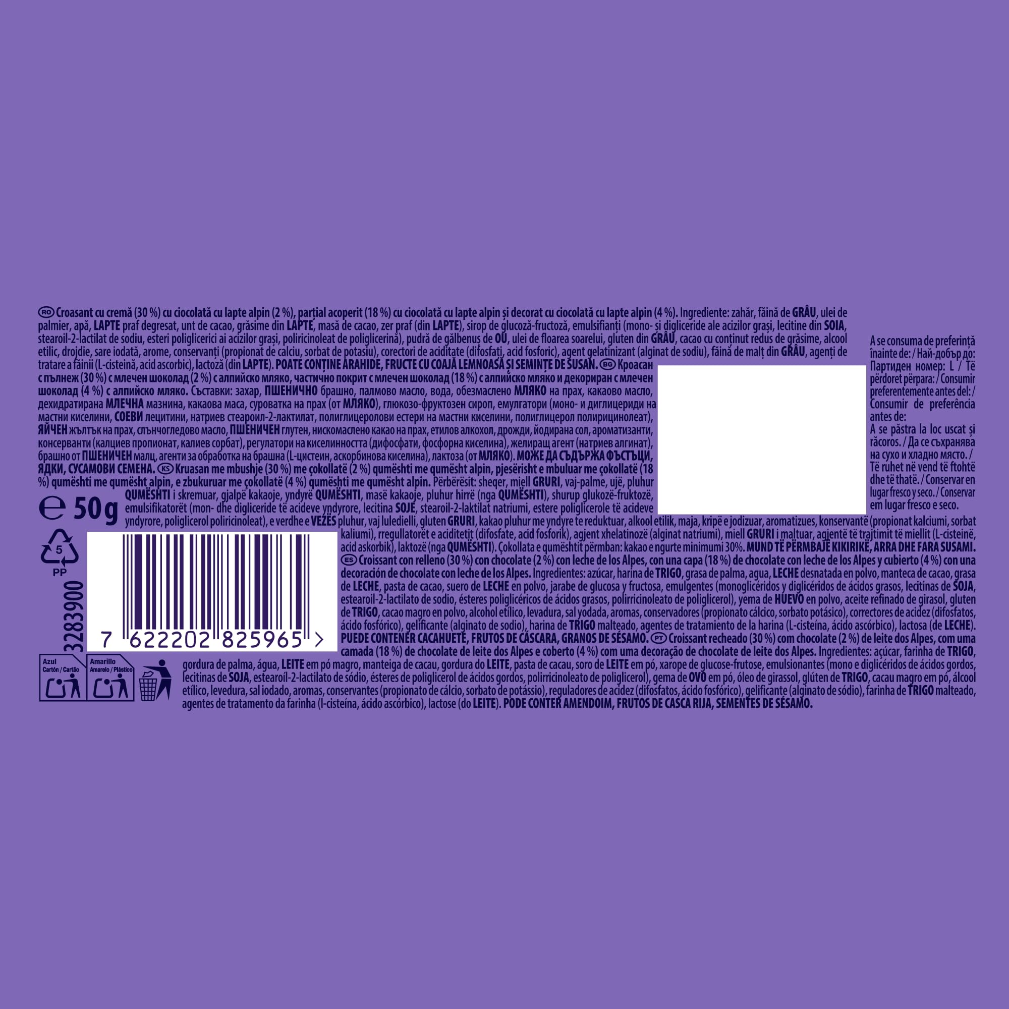 Milka Croissant Chocolate con Relleno de Chocolate con Leche de los Alpes, Pack 14 x 50 g