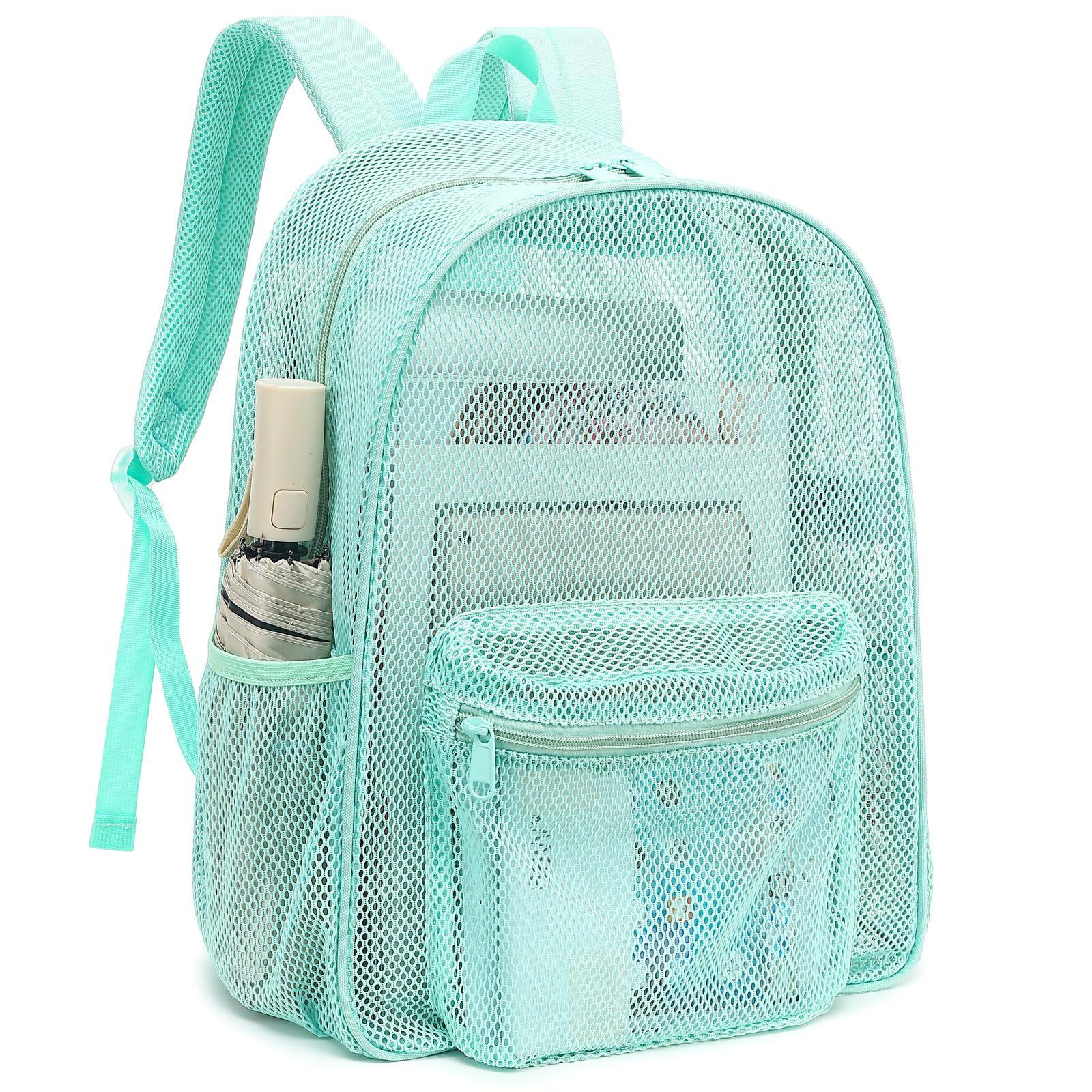 Kouxunt Heavy Duty Mesh Backpack, See Through Backpack for School Working Travel Beach (Green)