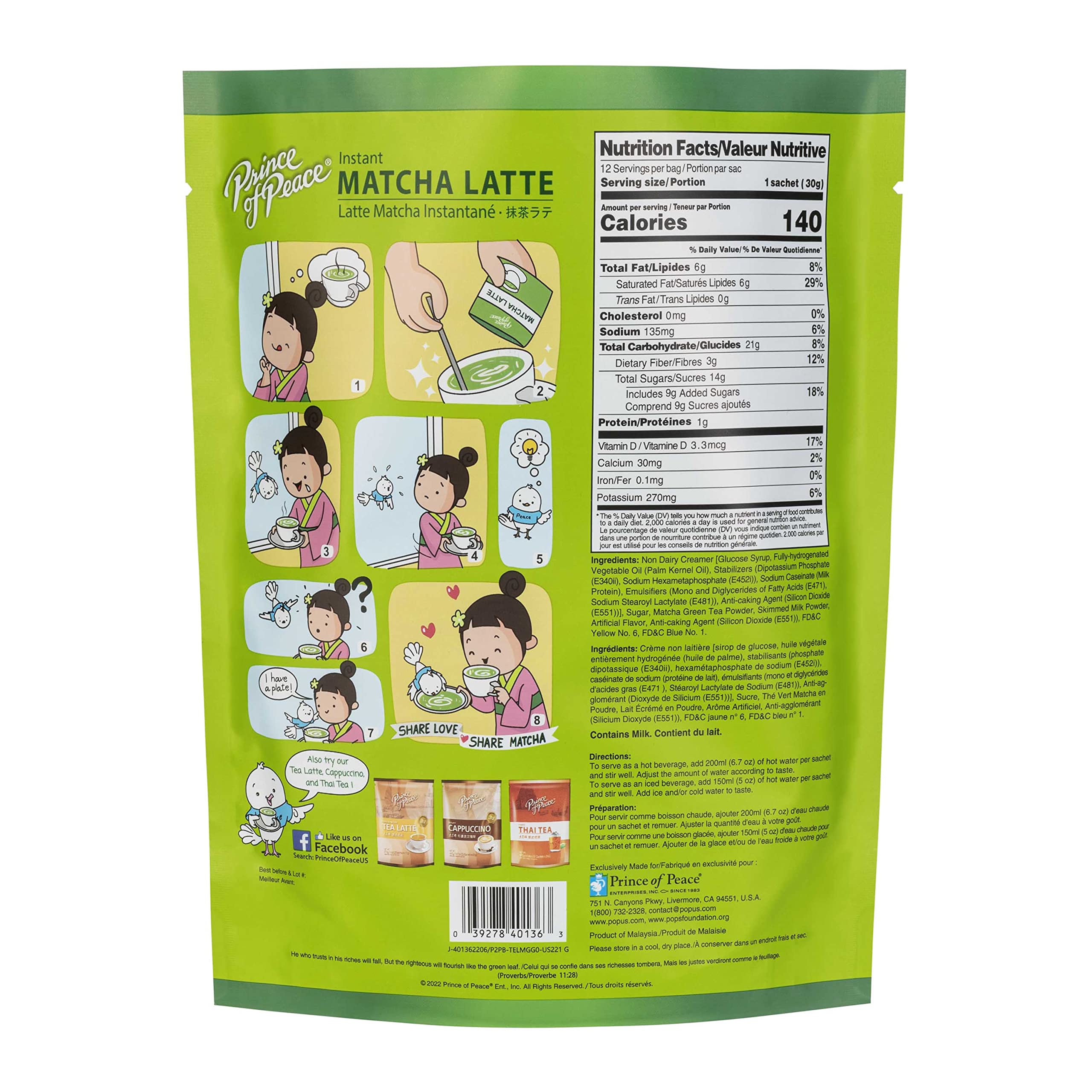 Prince of Peace 3 in 1 Matcha Latte Instant Beverage 12 Sachets Made with Matcha Powder from Japan — view 2