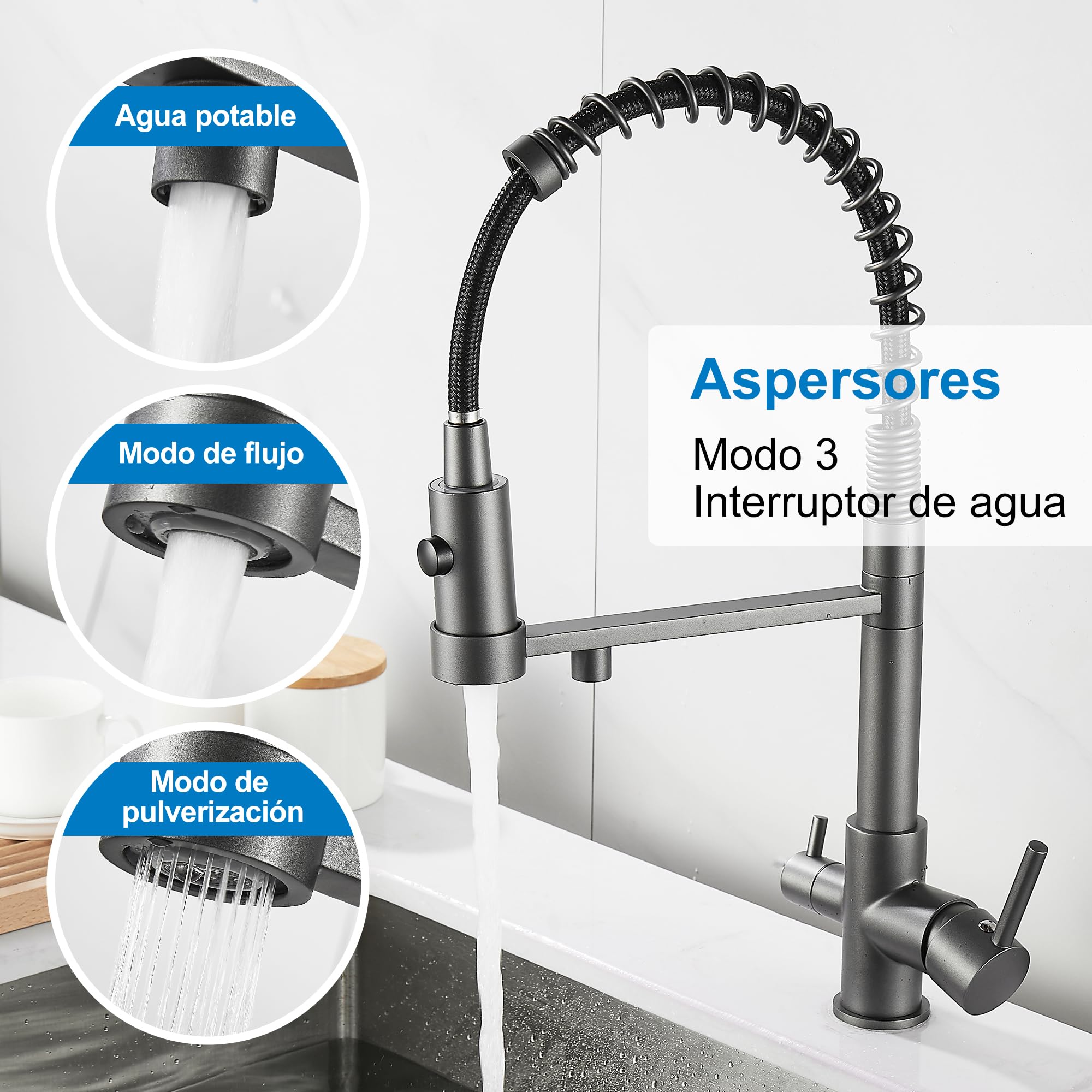 3-Wege Küchenarmatur Mit Ausziehbarer Brause - Grau & Praktisch