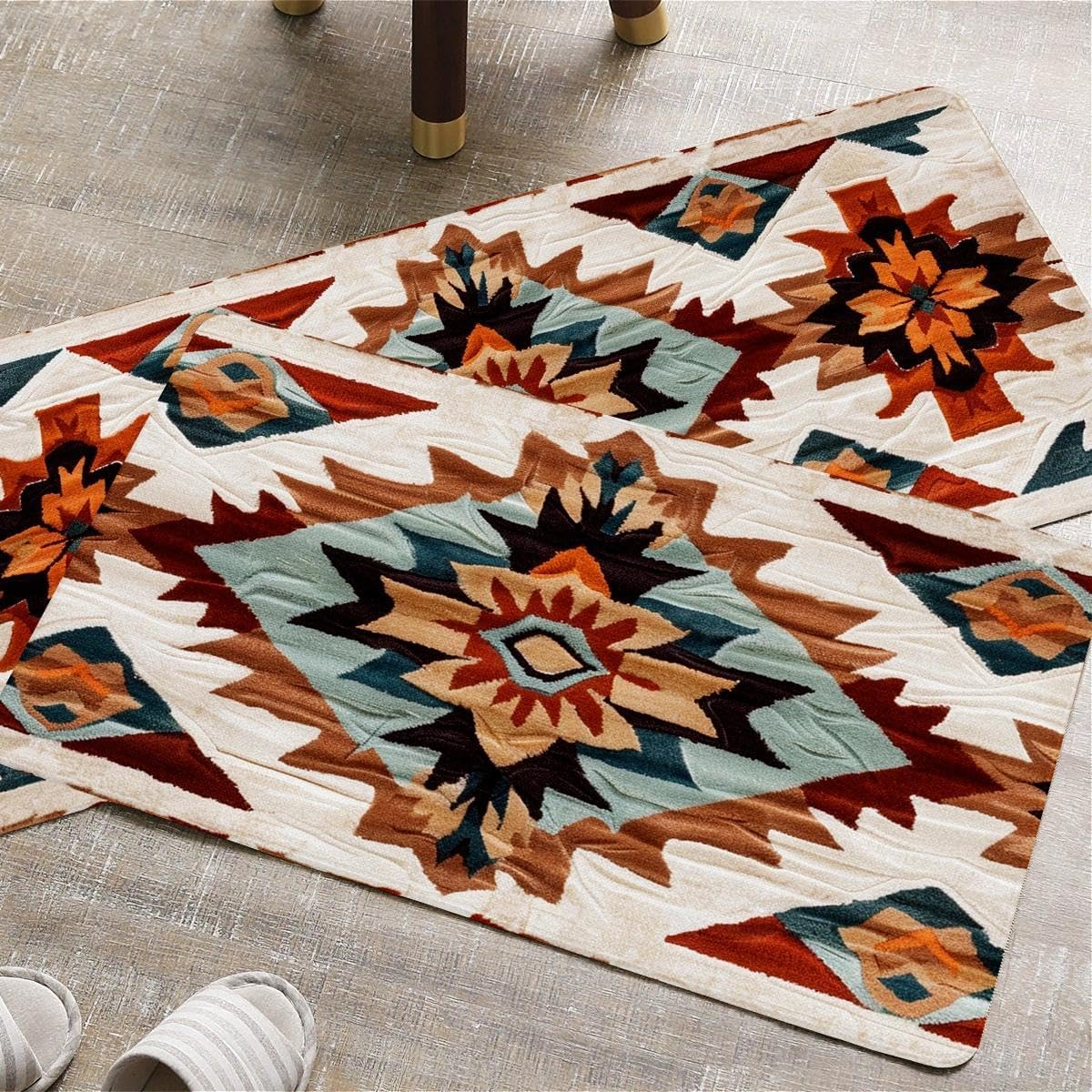 Rustic Navajo Kitchen Rugs Set of 2, Aztec Geometric Cotton Blend Linen Non Slip Kitchen Floor Mats for Home Office Bedroom Bathroom Laundry, Southwestern Gift, 17" x 29 + 17" x 47" - Image 2
