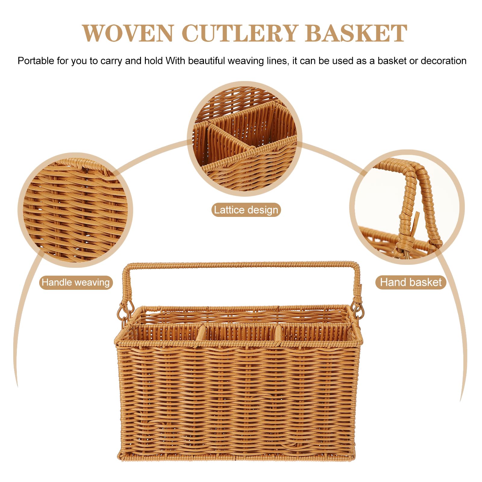 TOPBATHY Cesta Organizadora De Cubiertos De Imitación De Mimbre Con Asa 11.6X6.9X6.1 Pulgadas Para Cocina Y Picnic Estilo Rústico Con Compartimentos Separados