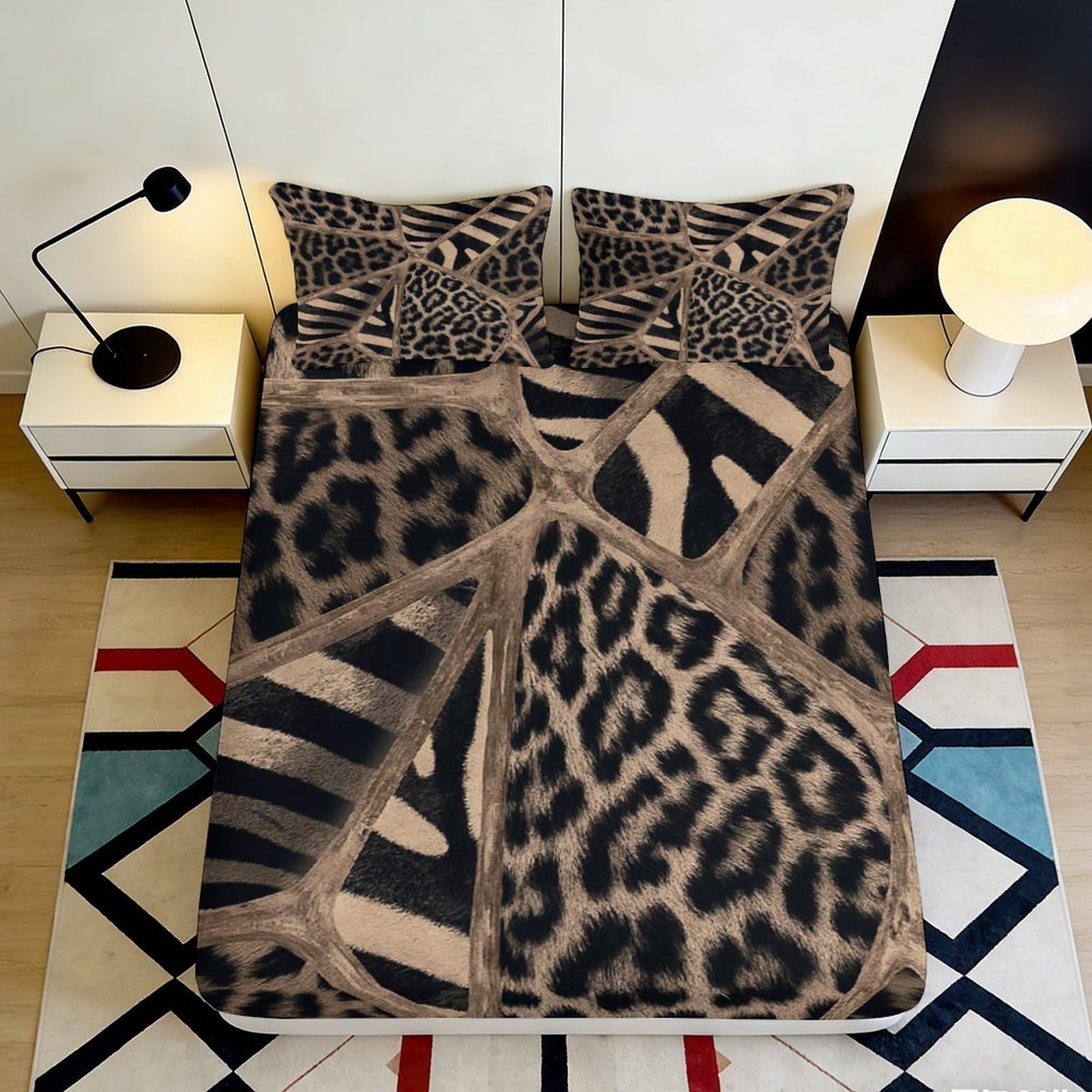 3D Printed Leopard Patchwork Fitted Sheet Microfiber Animal Skin Bed Cover for Bedroom Guest Room Dorm Decor 90x200x25cm