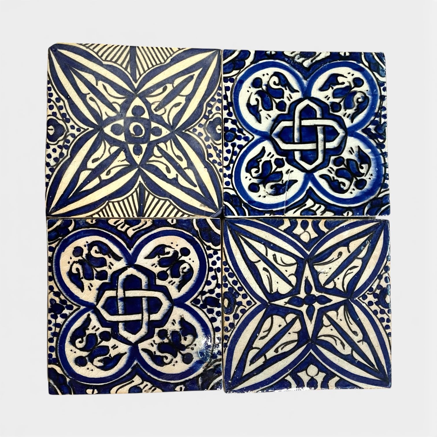 Azulejos marroquíes pintados a mano, cerámica artesanal de Fes, azul y blanco, 15 x 15 cm, juego de 4, estilo mediterráneo boho