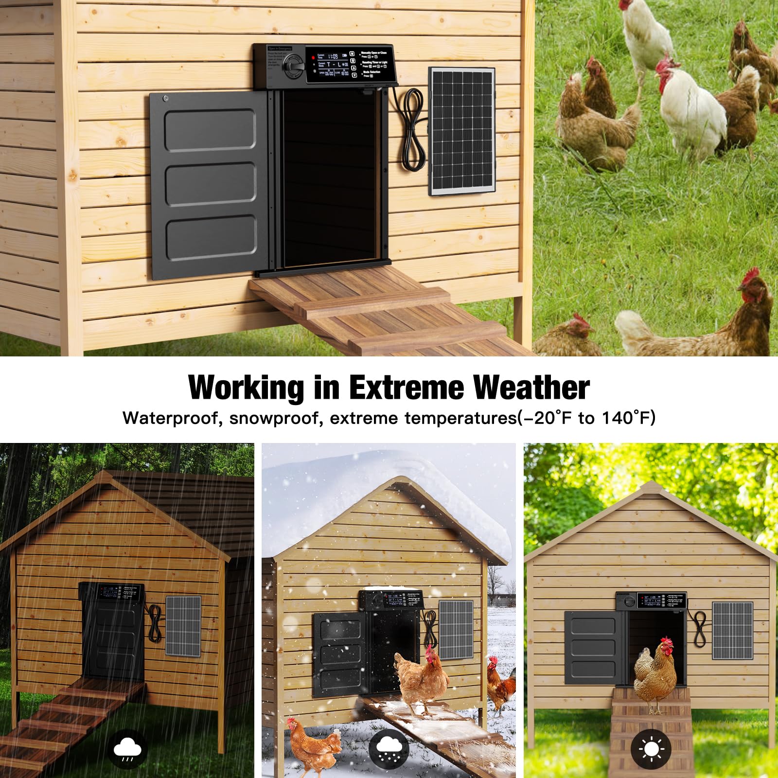 Puerta automática de gallinero de gran tamaño, funciona con energía solar, con apertura en caso de emergencia, antipellizcos, temporizador y sensor de luz, puerta de aluminio impermeable