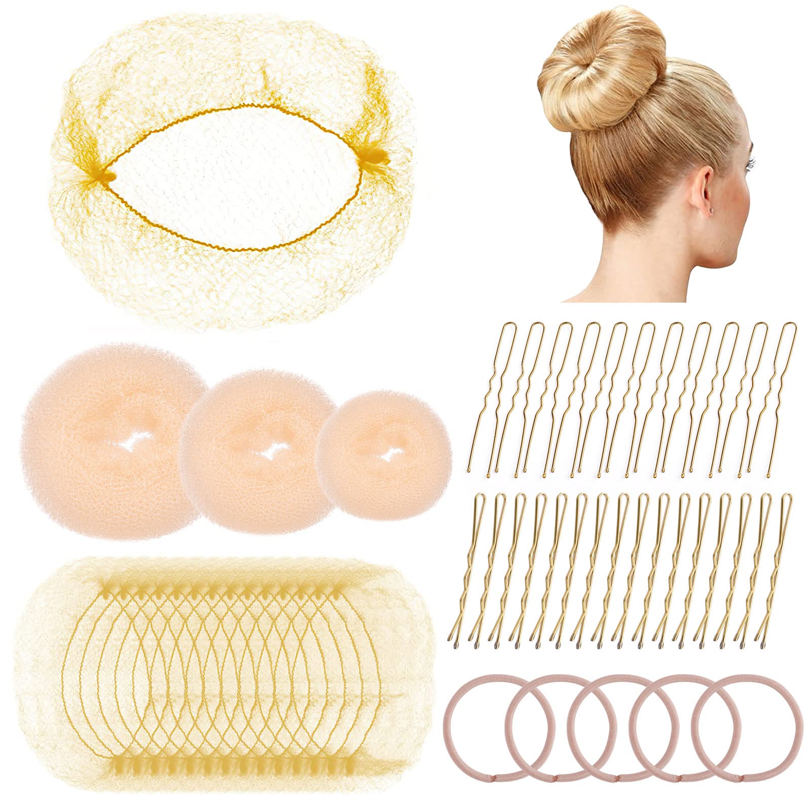 Gold Easy Hair Styling Tools, 68PCS Hair Bun Net, Include Ballet Hair Nets, Hair Doughnut, U Shaped Hair Pins, Bobby Pins & Hair Bands, Hair Bun Maker, Bun Rings Women Girls Hair Accessories