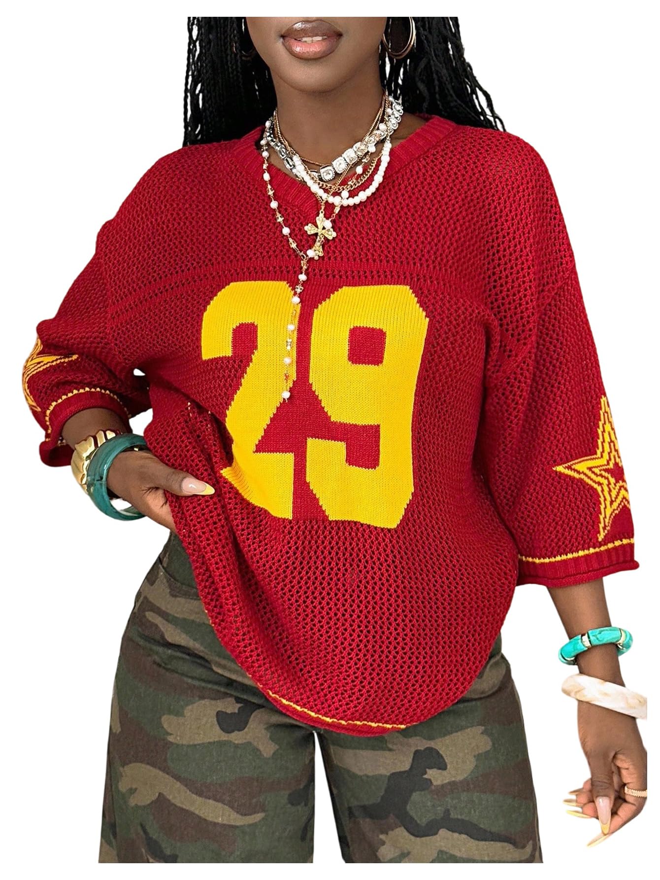 Womens Jersey Sweater Y2k Number Letter Graphic 3 4 Sleeve V Neck Hollow Out Crochet Oversized Pullover Tops