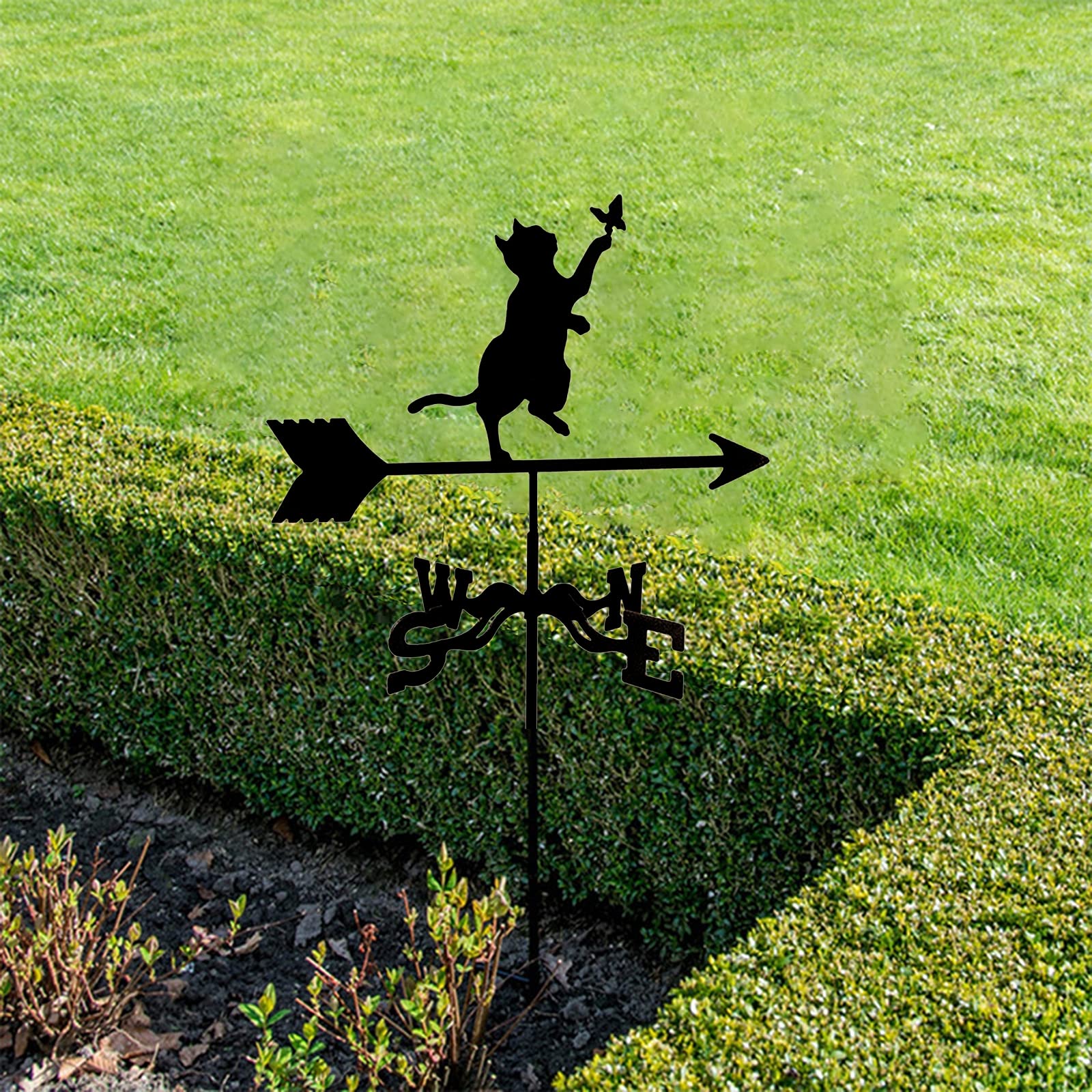 SUPERDANT Wetterfahne Katze Mit Schmetterling - Metall Garten Deko Schwarz 40 Cm