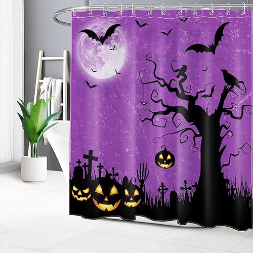 LB Halloween Shower Curtain Horror Pumpkin Lights with Dead Tree Bat Crow on Purple Background Bathroom Shower Curtain Full Moon Bathroom Decor with