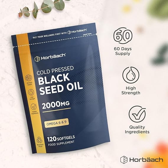 Black Seed Oil Capsules 2000mg | 120 Softgels | Cold Pressed Nigella Sativa Supplement with Omega 6 and 9 | By Horbaach