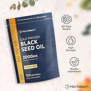 Black Seed Oil Capsules 2000mg | 120 Softgels | Cold Pressed Nigella Sativa Supplement with Omega 6 and 9 | By Horbaach
