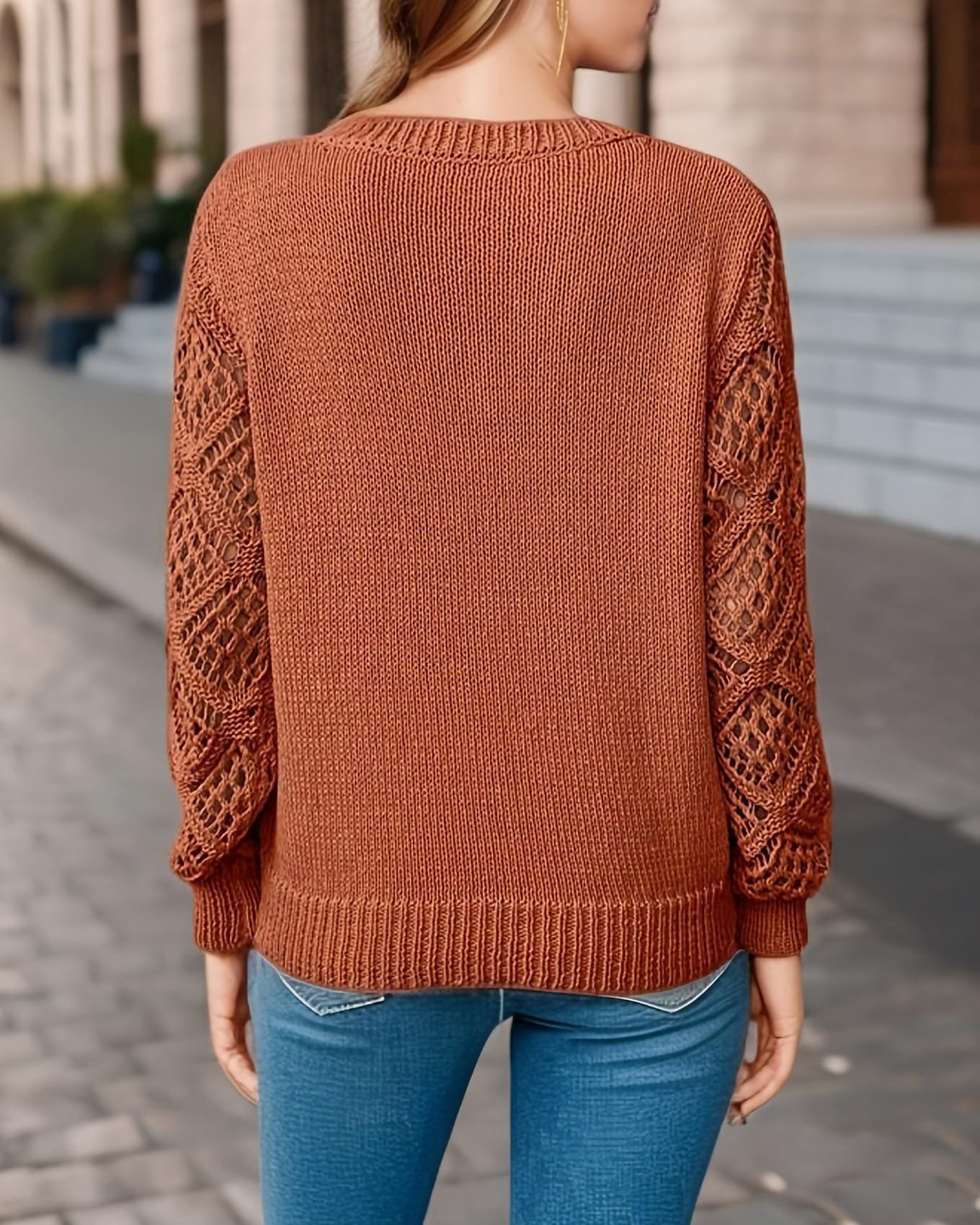 Las Mujeres De Primavera Y OtoñO Hueco De Punto Jumper Pullover De Manga Larga Suelta V-Cuello De Color SóLido Bottoming Tops