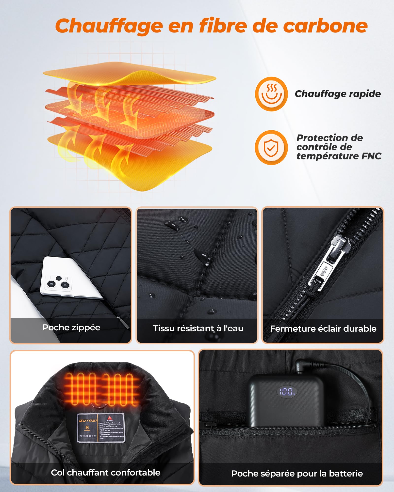 Gilet Chauffant Femme avec Batterie Incluse 16000mAh 7,4V,9 Zones de Chauffage Veste Femme,4 en 1 Interrupteur Intelligent avec Design d'extinction des Lumières,Veste Chauffante pour Plein Air
