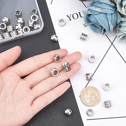 Miniatura 4 de UNICRAFTALE 30 cuentas de columna de 3 estilos de acero inoxidable con cuentas de paracaídas de 0.236 pulgadas, cuentas de agujero grande, cuentas