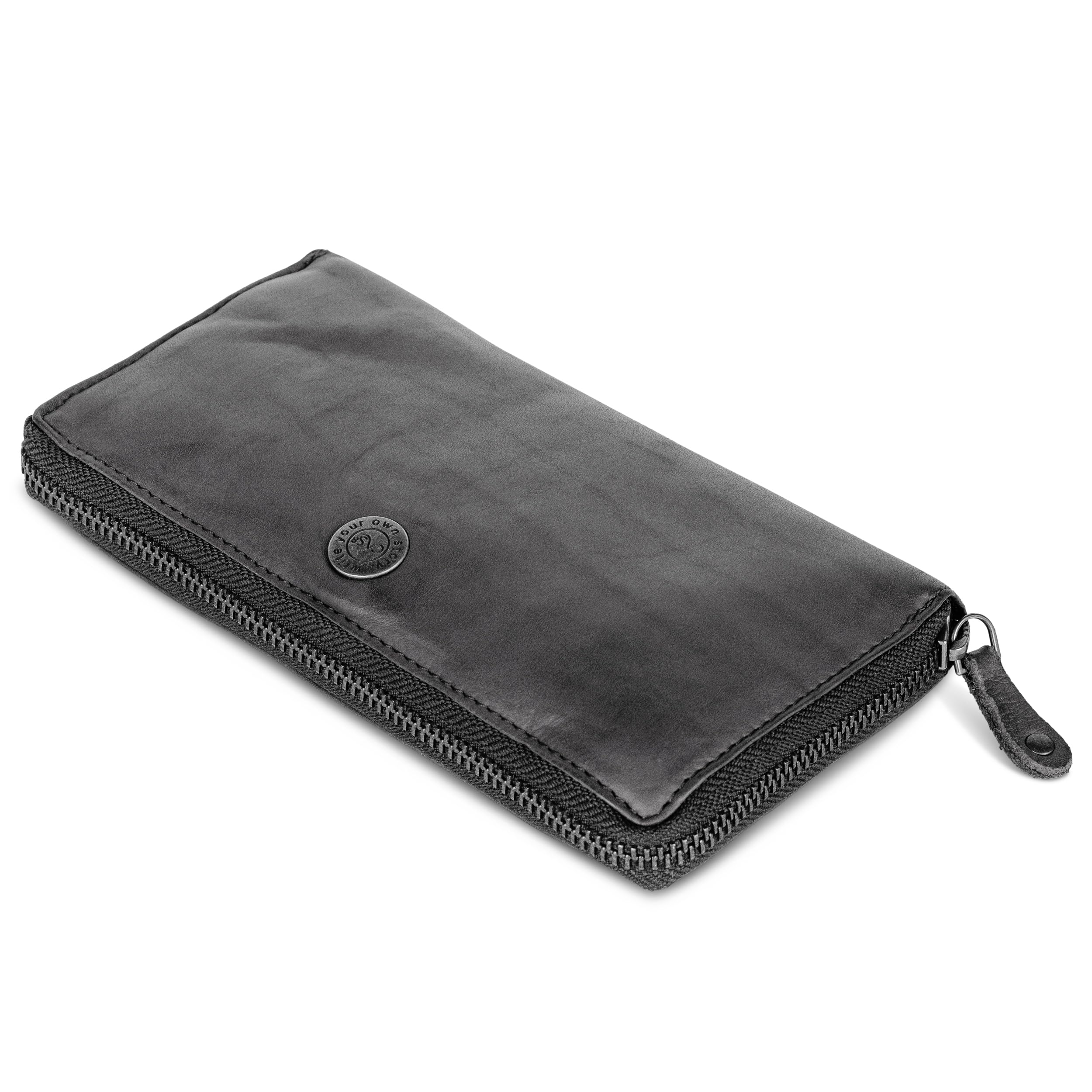 Geldbörse MALU, Damen Portemonnaie aus gewaschenem Leder, mit praktischen Kleingeld- sowie Kartenfächern, Portmonee im Used-Look mit Reißverschluss, Graphite