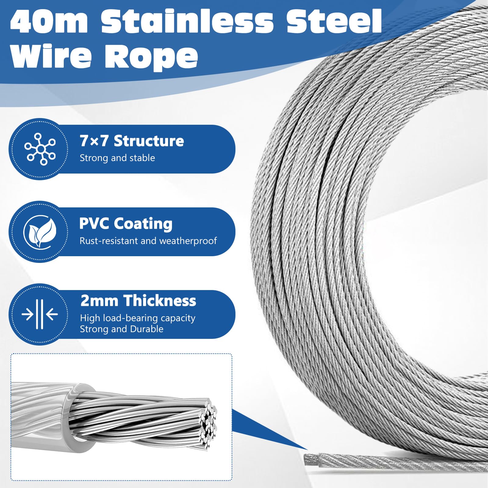 Kit Câble Acier Inox 40M 2mm avec Tendeur Fil à Linge et Serre-Câble, pour Plantes Grimpantes, Rideaux, Clôture, Treillis, Étendoir Extérieur, Jardin, Décoration et Fixation DIY