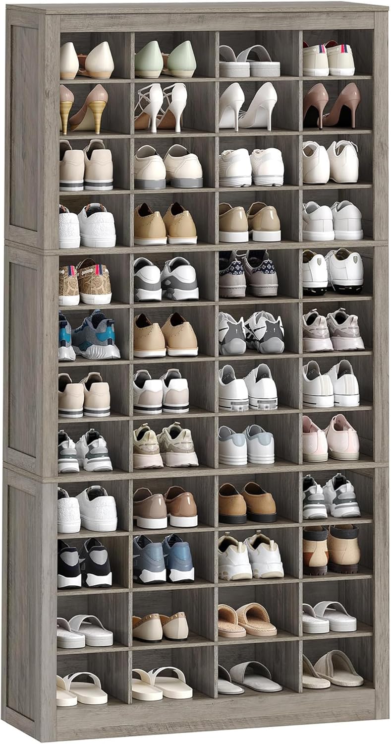 Hzuaneri Shoe Storage Cabinet, 48 Pairs Free Standing Closet Organizer, 9 inch Widened Cell Wood Shoe Organizer, 12 Tiers Vertical Space Saving Shoe Rack for Entryway, Cloakroom, Greige SR39605X