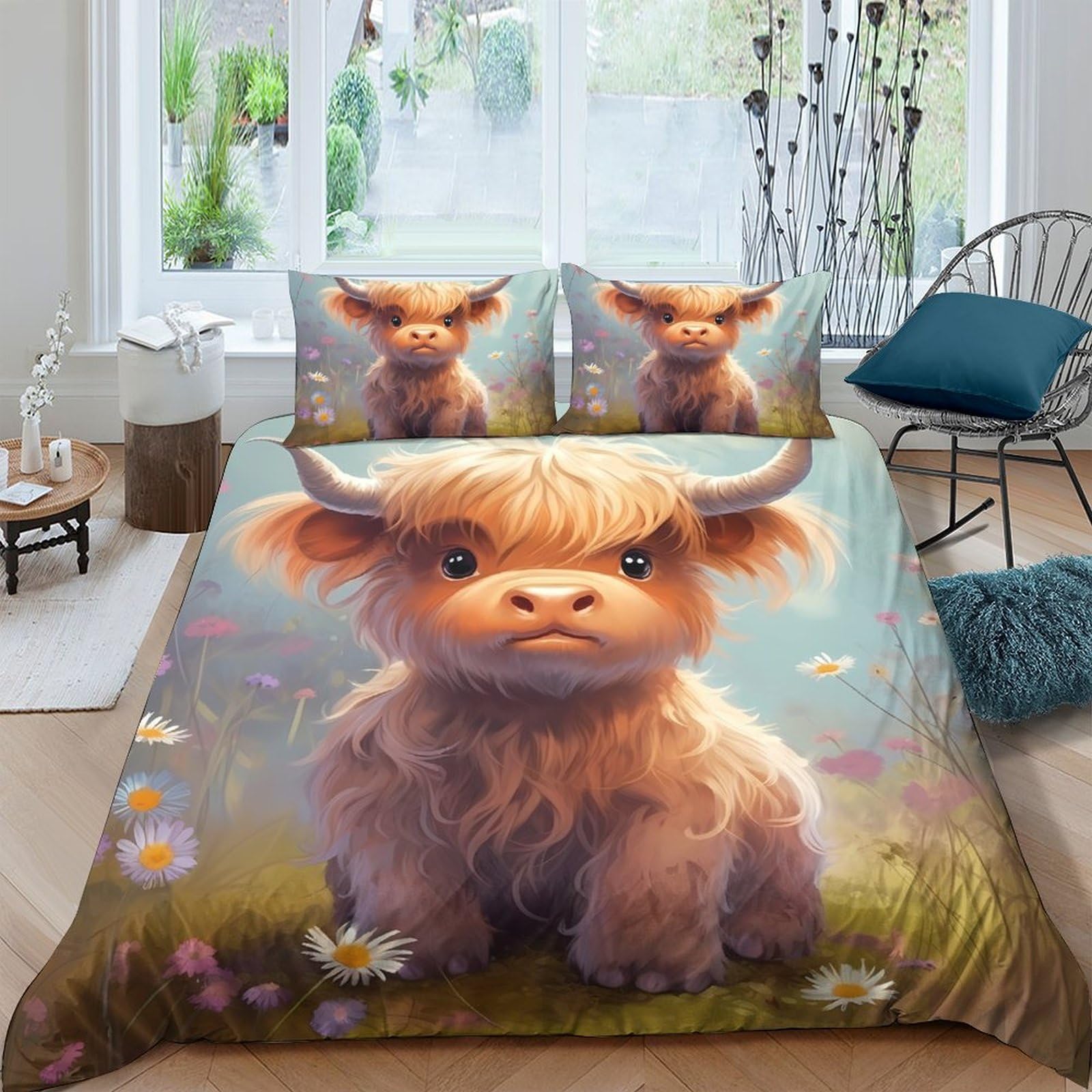 Ctjqhvkz Style-5 3D Printed Highland Cow Fitted Sheet Microfiber Soft Anti-Slip Pasture Bed Cover For Bedroom Guest Room Decor Single（135X200cm）