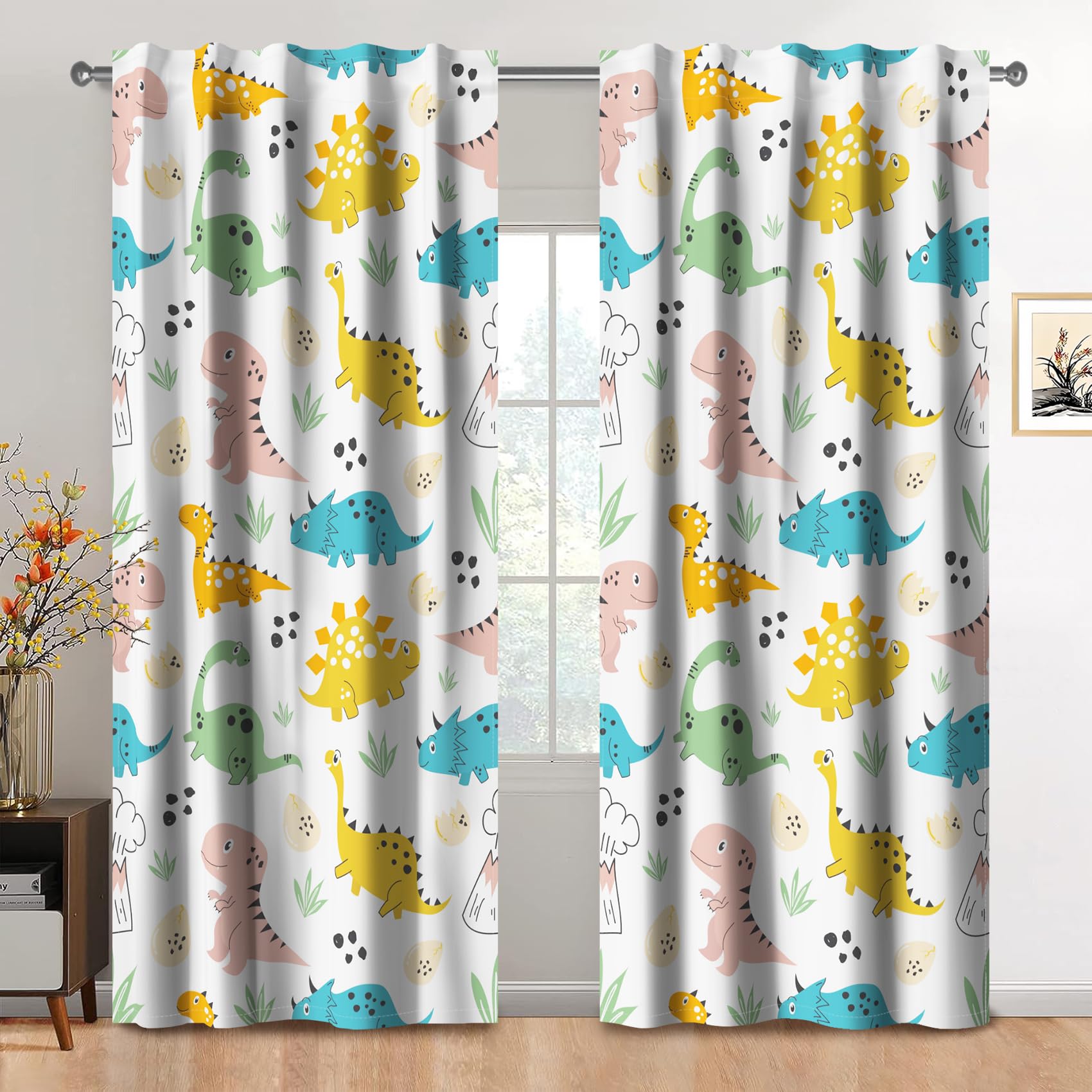 Kzzfqxb 107x215cm Cute Kids Curtains 2 Panels, Lovely Colorful Dinosaurs Stegosaurus Tyrannosaurus Rex Rod Pocket Light Filtering Curtain, Cartoon Decoration for Living Room Boys Girls Baby Bedroom
