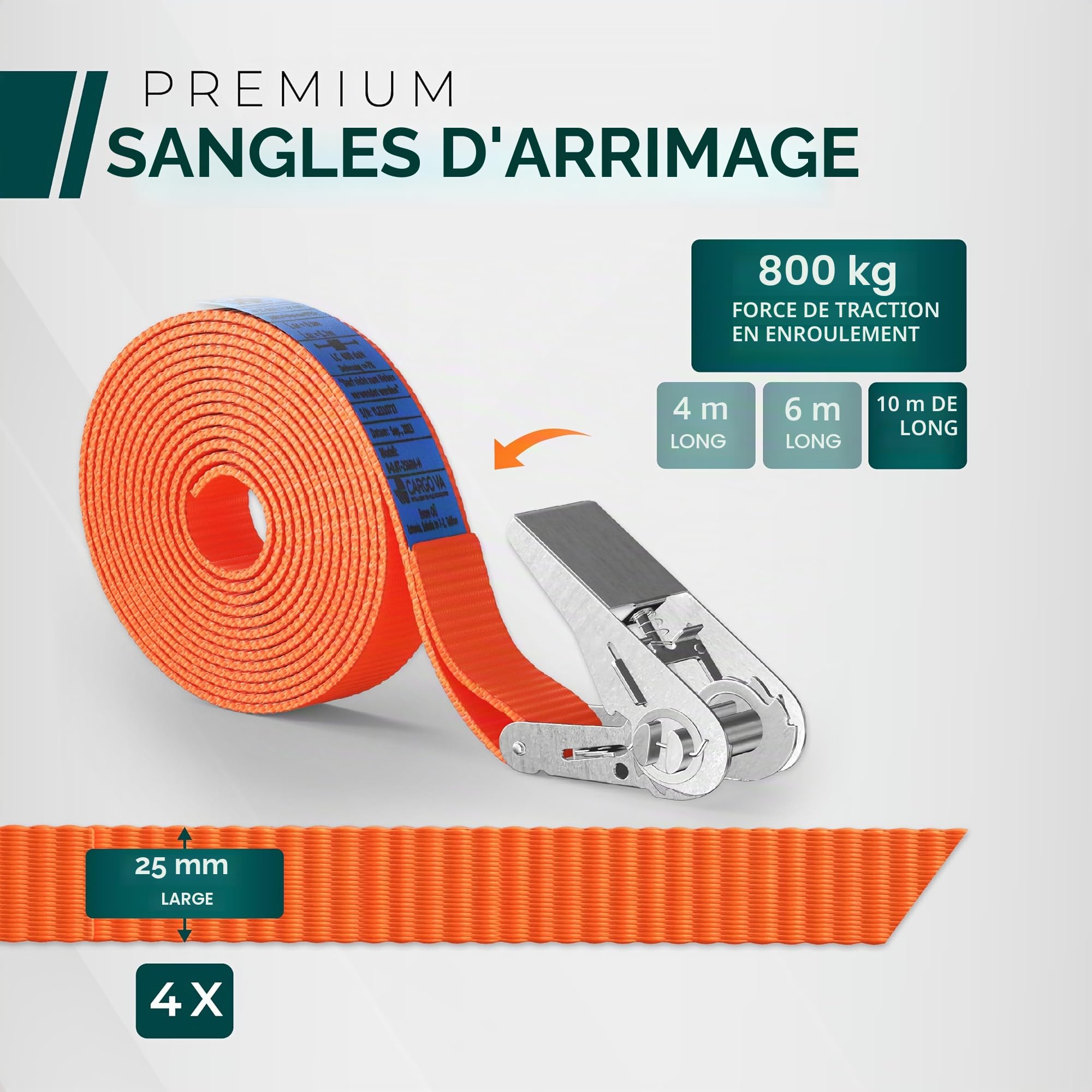 CargoVA - Sangles Robustes 800kg [Lot de 4] - Certifiées TÜV/GS & DIN - Largeur 25mm - Idéales pour Les Applications Professionnelles [10M]