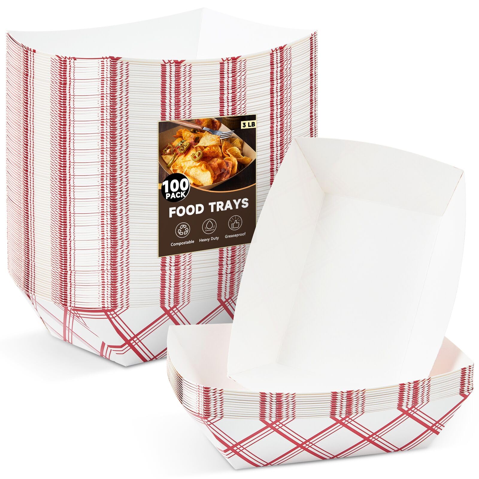 100 Pack Paper Food Trays - 3 Lb Disposable Nacho Trays, Red & White Checkered Paper Food Boats Taco Holders Party Serving Baskets for Hot Dogs Snacks Tacos Fries