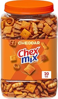 Chex Mix Cheddar Savory Snack Mix, 20 oz Tub - Cheesy Crunchy Party Snacks with Pretzels, Chex & Crackers