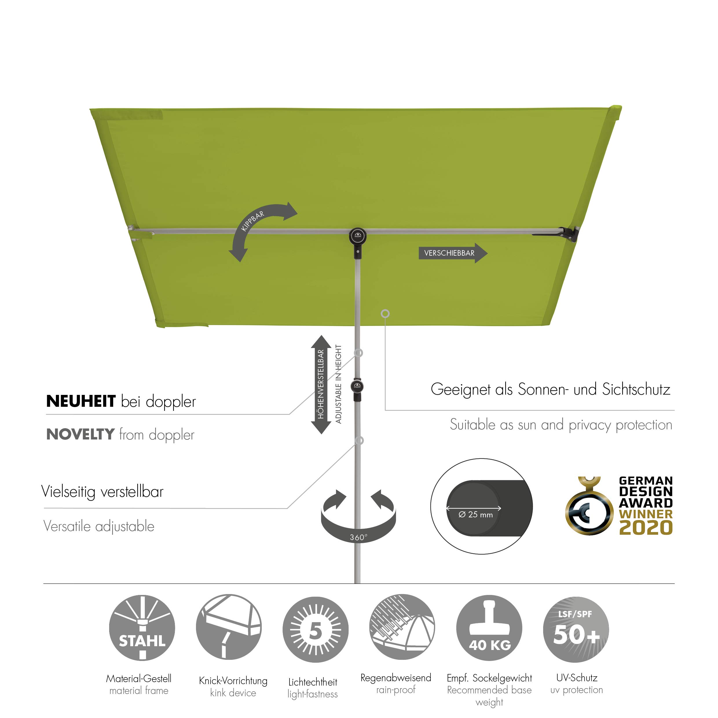 Doppler Parasol rectangular para balcón activo, ideal para el balcón, 180 x 130 cm, verde, 180x130