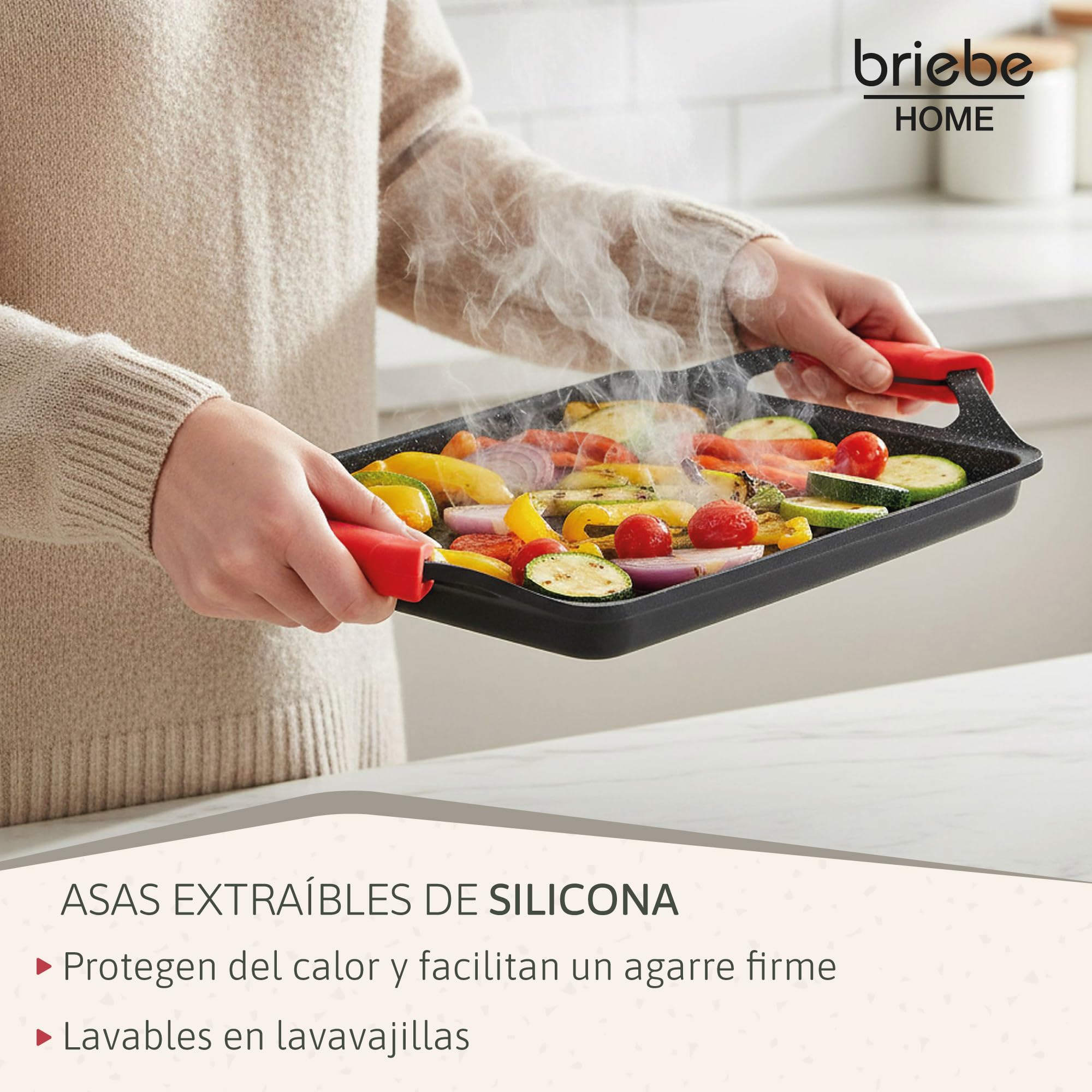 briebe Black Titanium Plancha Cocina Inducción Asar, Antiadherente Titanio, Aluminio Fundido, Bandeja Asadora 43x25cm, Recubrimiento sin PFOA, Asas Silicona, Vitrocerámica, Gas, Horno