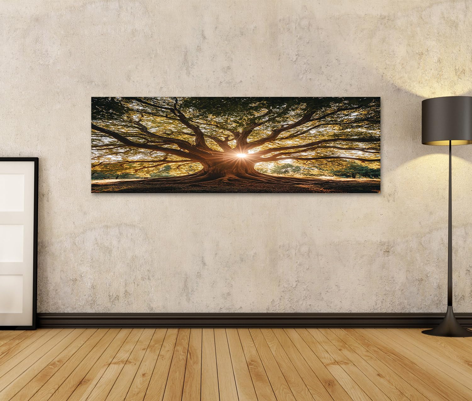 islandburner Cuadro sobre lienzo Árbol poderoso con rayos de sol - lienzo 120x40cm - Panorama