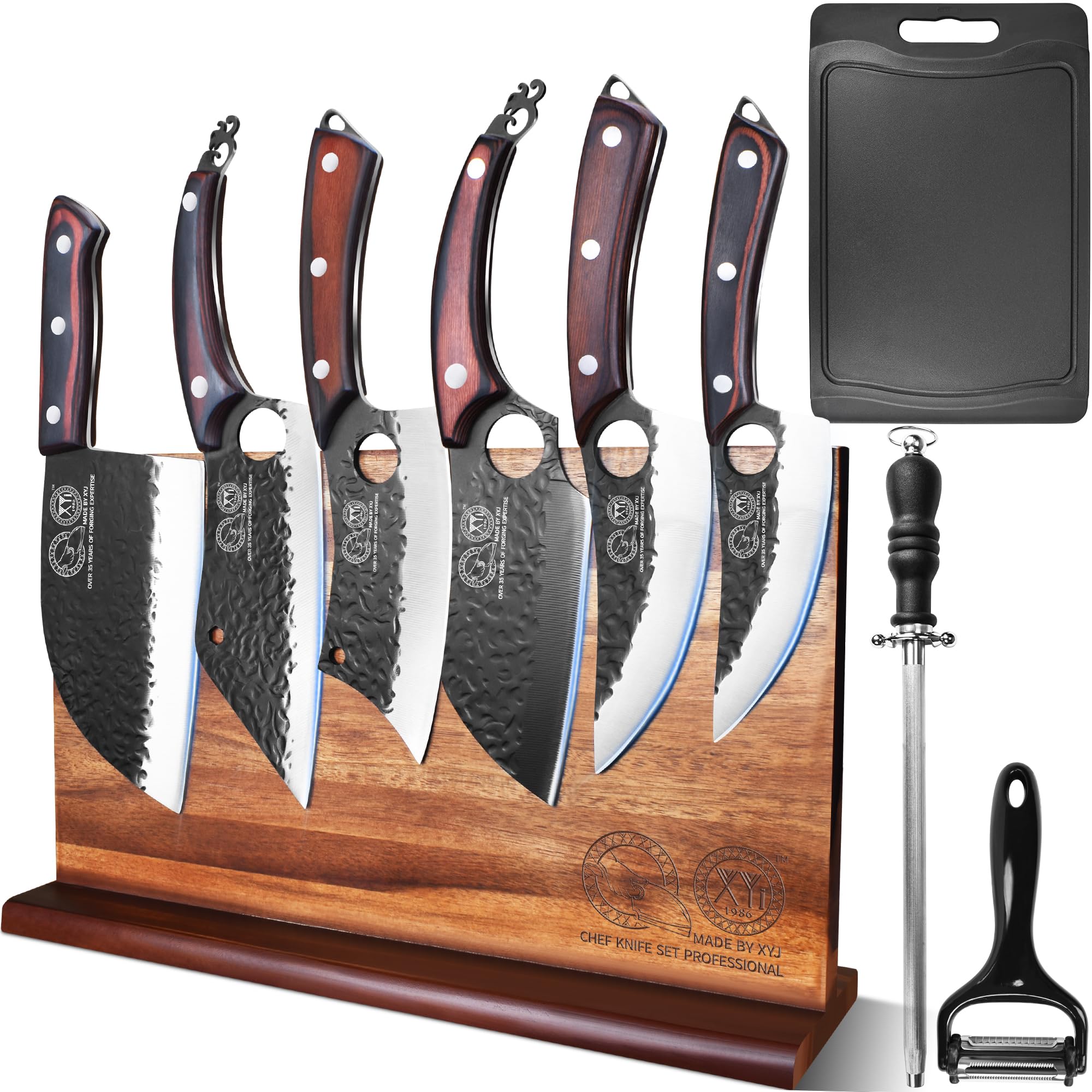 XYJ Authentic Since 1986 Knife Block Set Kitchen Knife Set with Magnetic Knife Block Cutting Board Sharpening Stick